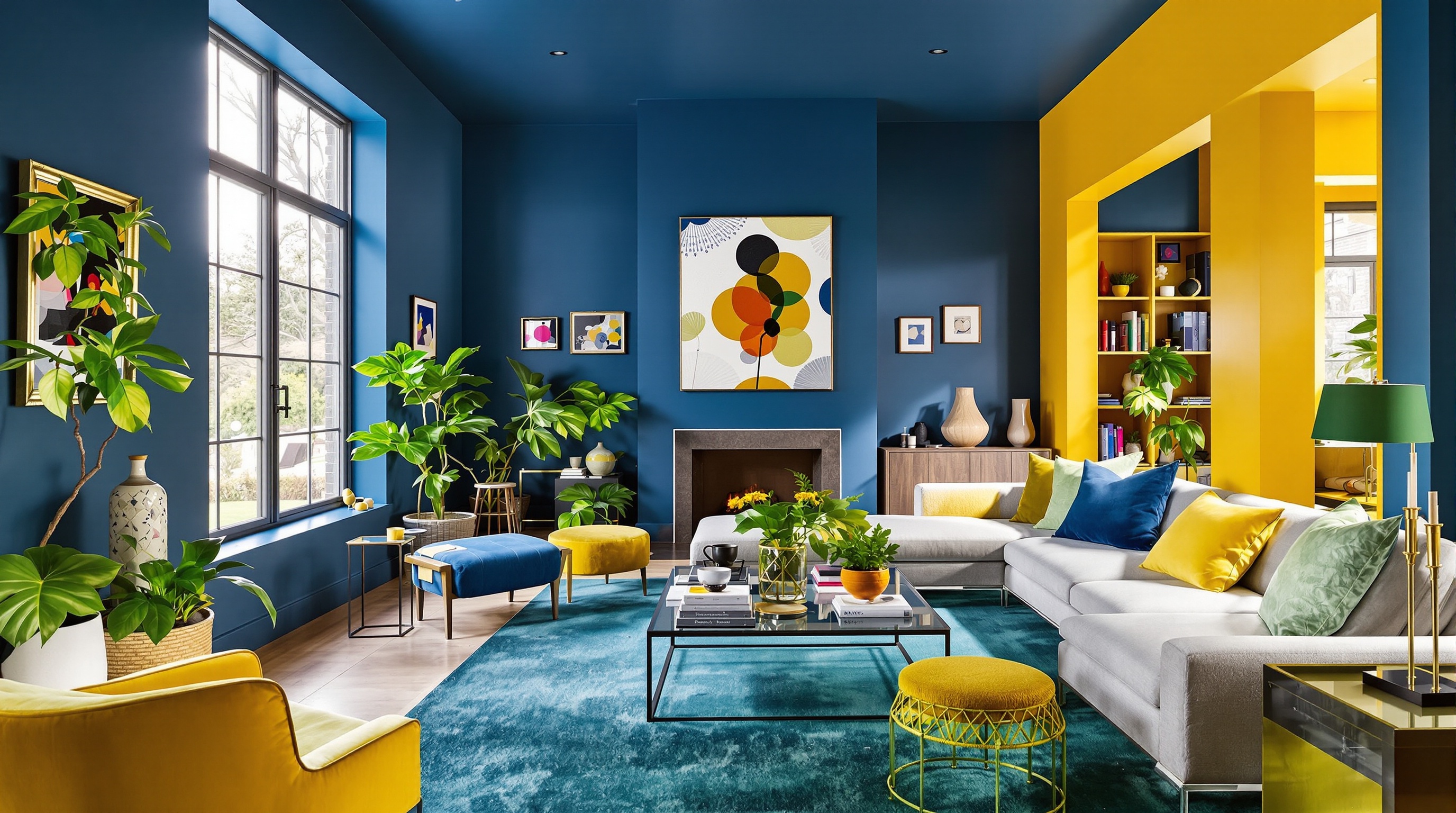 Salon contemporain conçu par Stuart Archer couleurs audacieuses murs bleu profond jaune curry vert mobilier minimaliste lumière naturelle