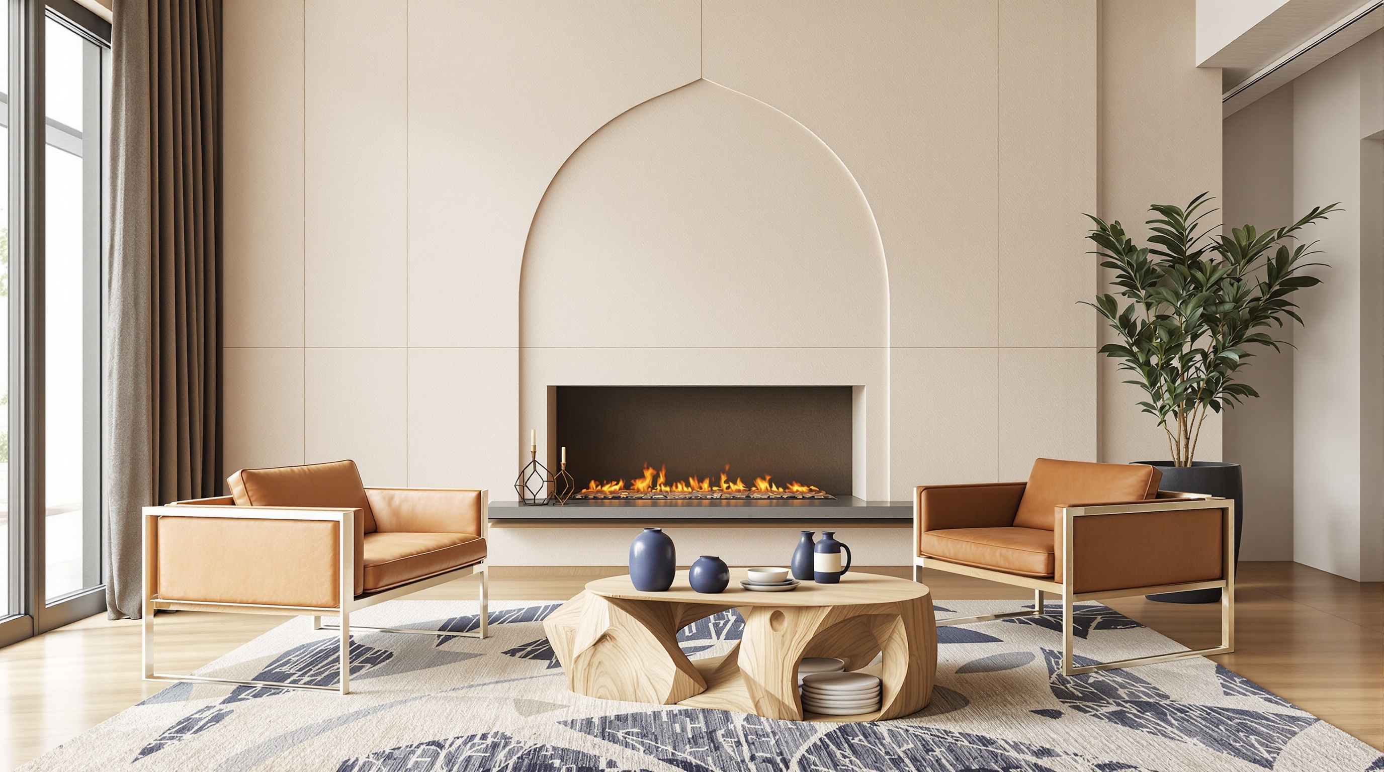 Salon contemporain aux lignes épurées avec un mur en tadelakt beige et fauteuils marocains en cuir naturel.