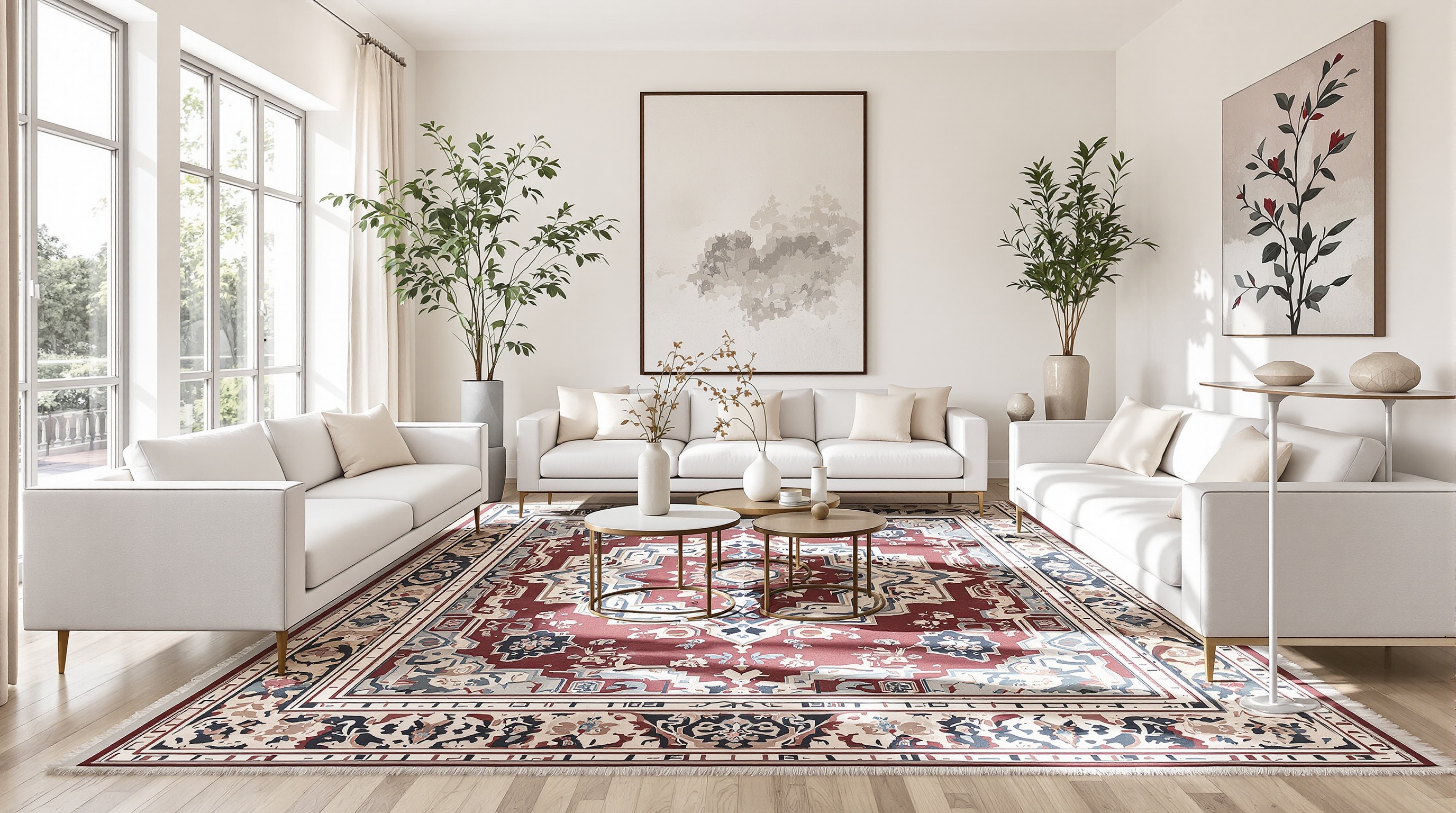 Salon moderne avec tapis traditionnel d'Arraiolos et décoration épurée