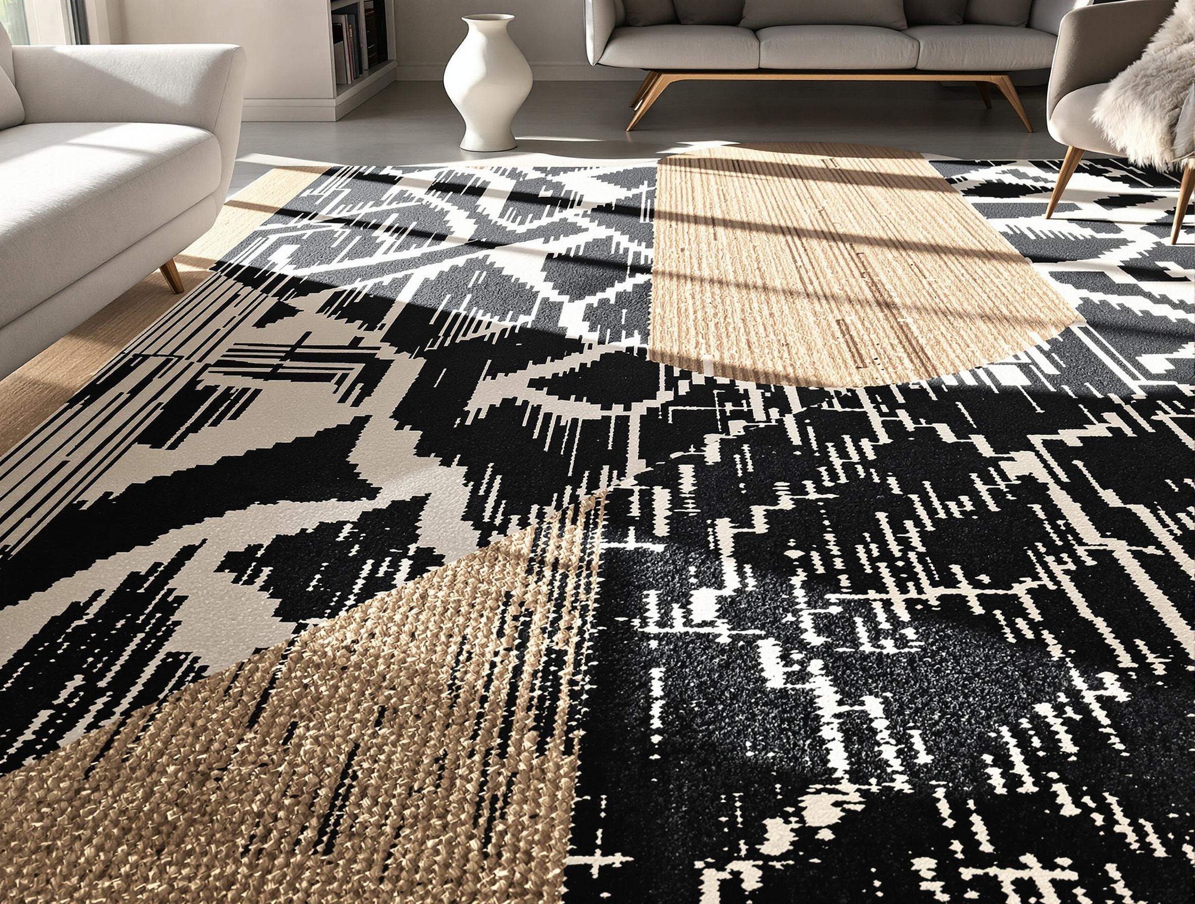 Salon contemporain avec tapis berbère superposé à un tapis en jute