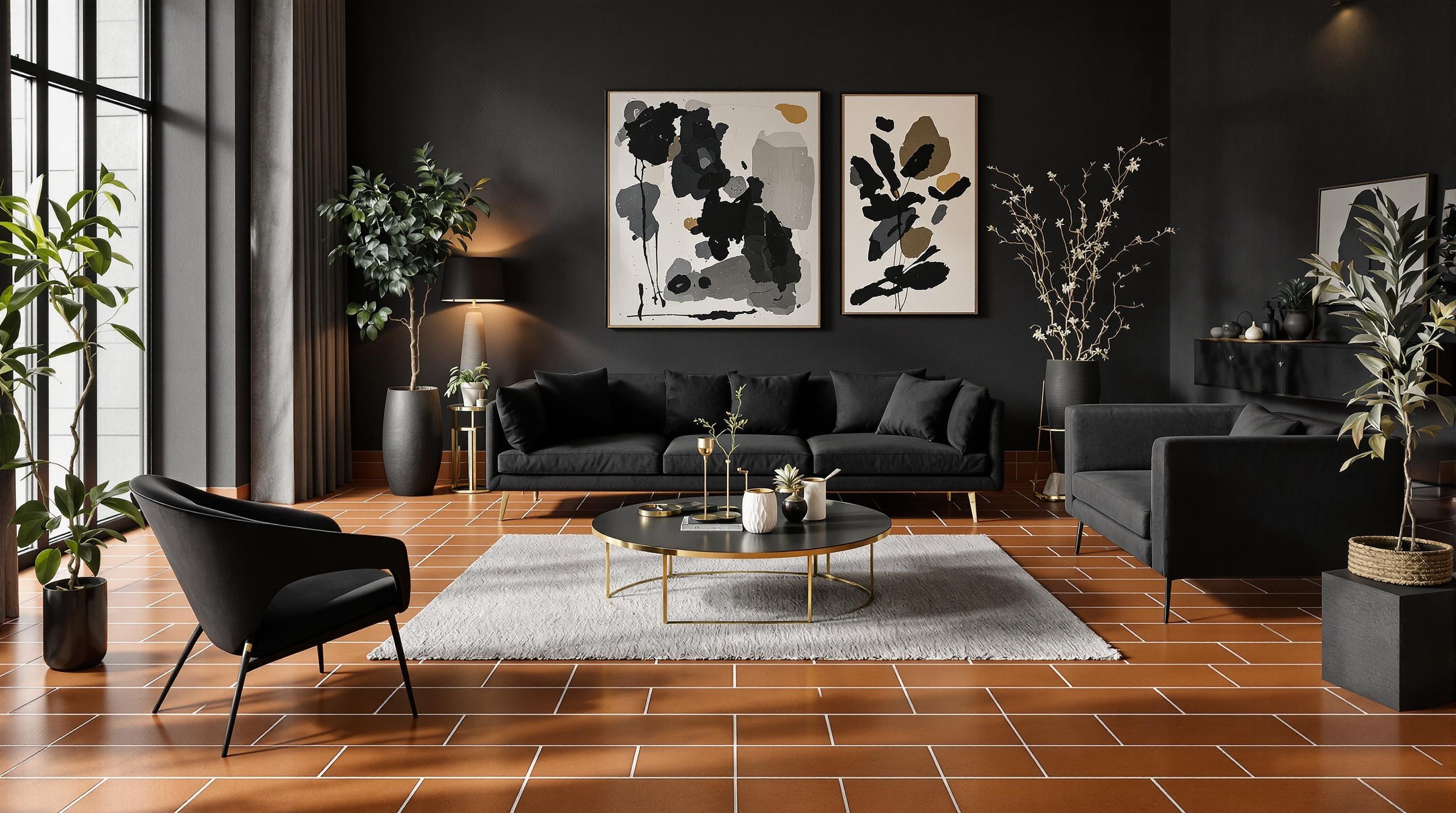 Salon contemporain minimaliste sur tomette ancienne.