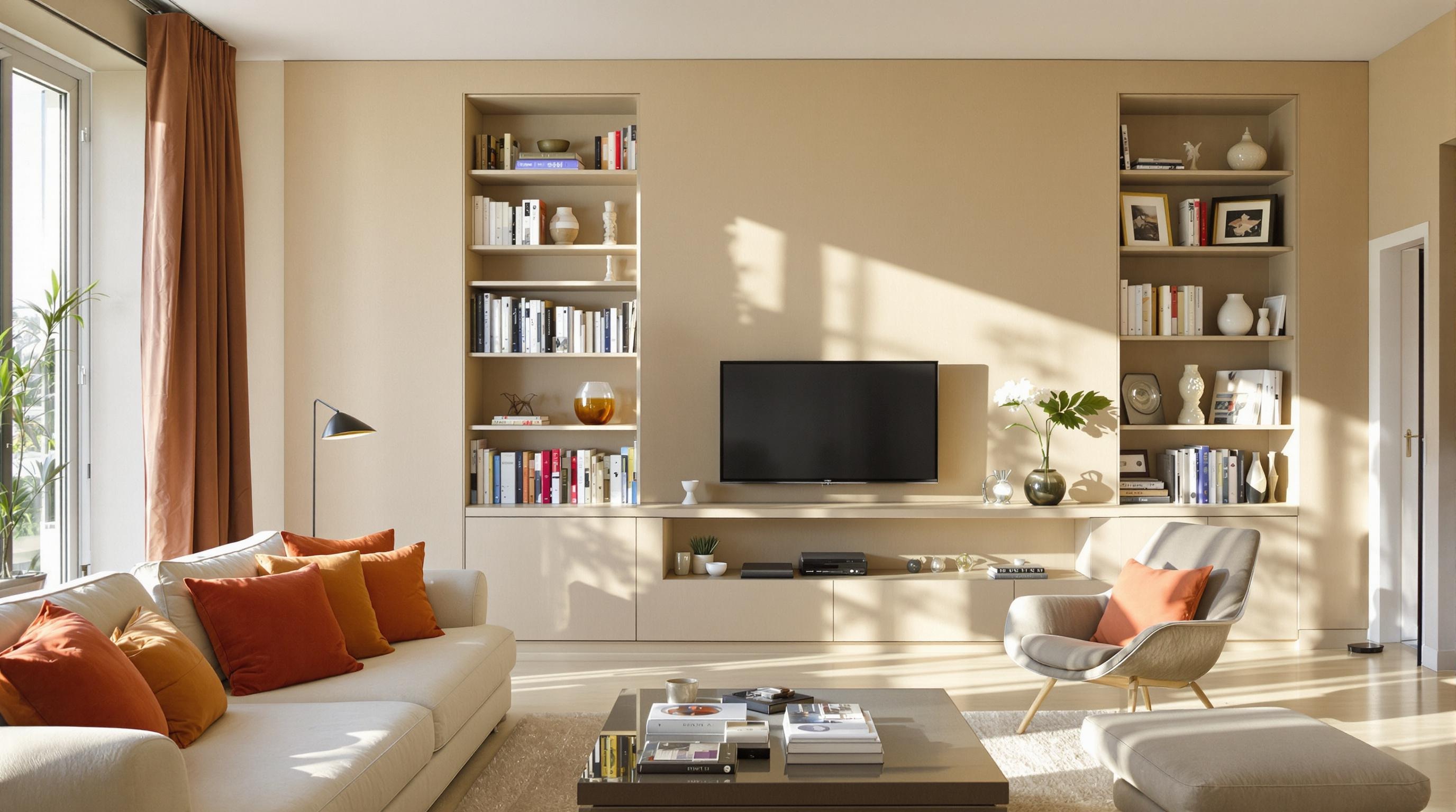Exemple d'application de la règle 60-30-10 dans un salon moderne avec accent terracotta