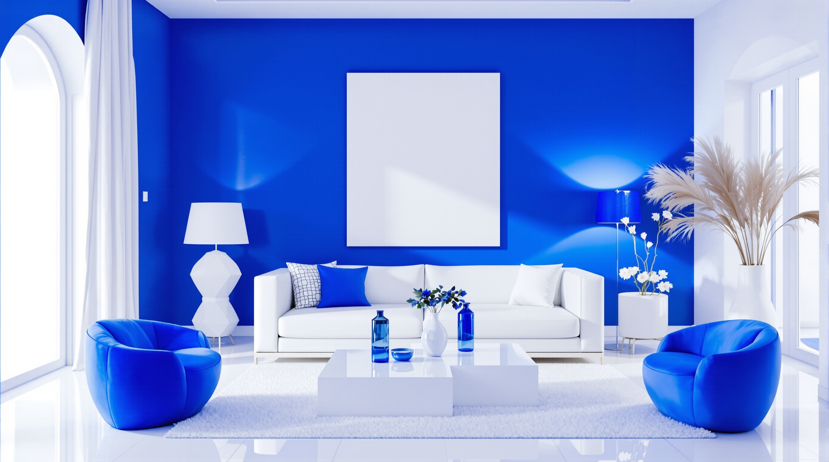 Salon cycladique saturé de bleu et blanc caricatural