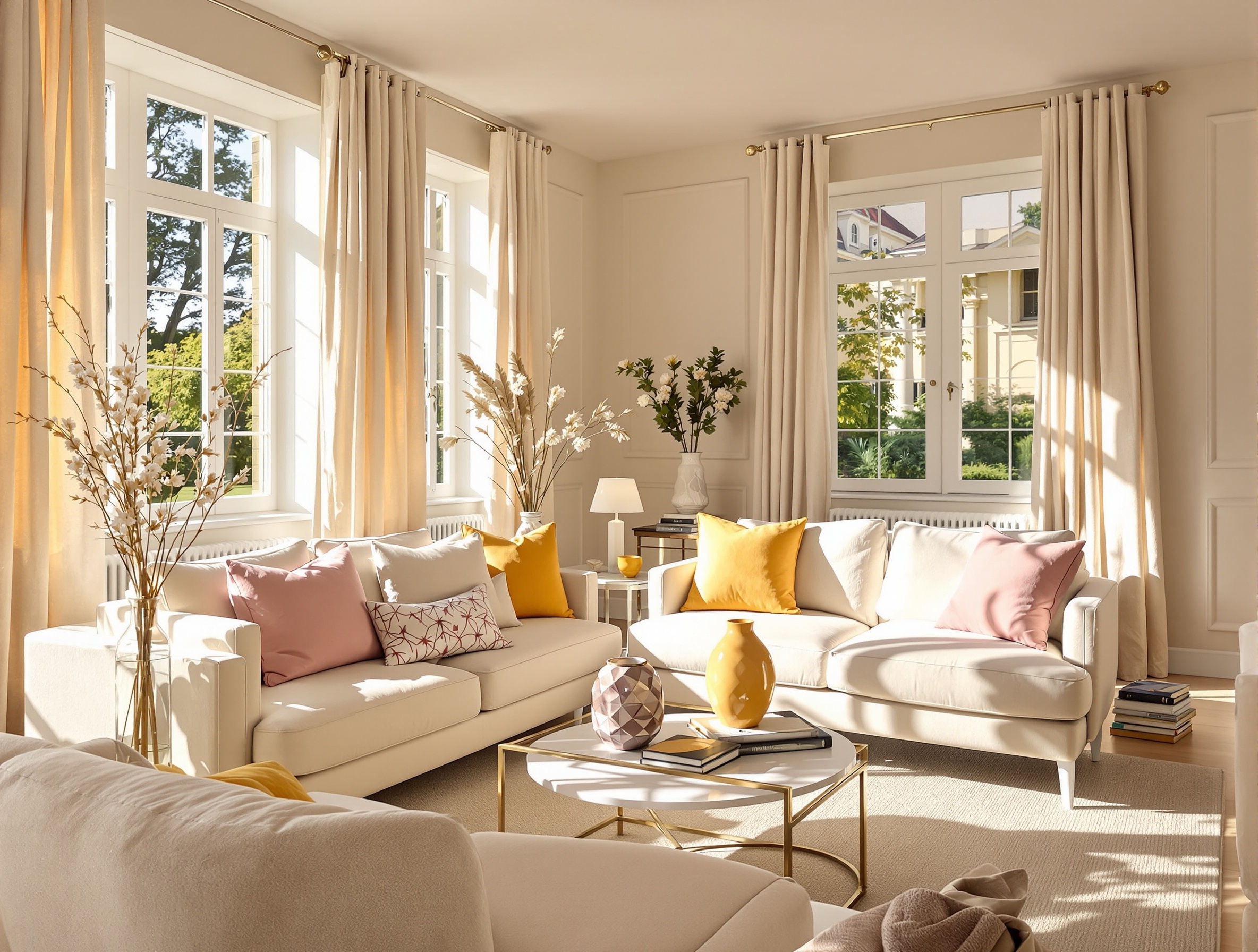 Un salon décoré dans des tons écru et beige rosé, avec des accents de jaune paille dans les coussins et un vase décoratif, créant une ambiance douce et lumineuse.