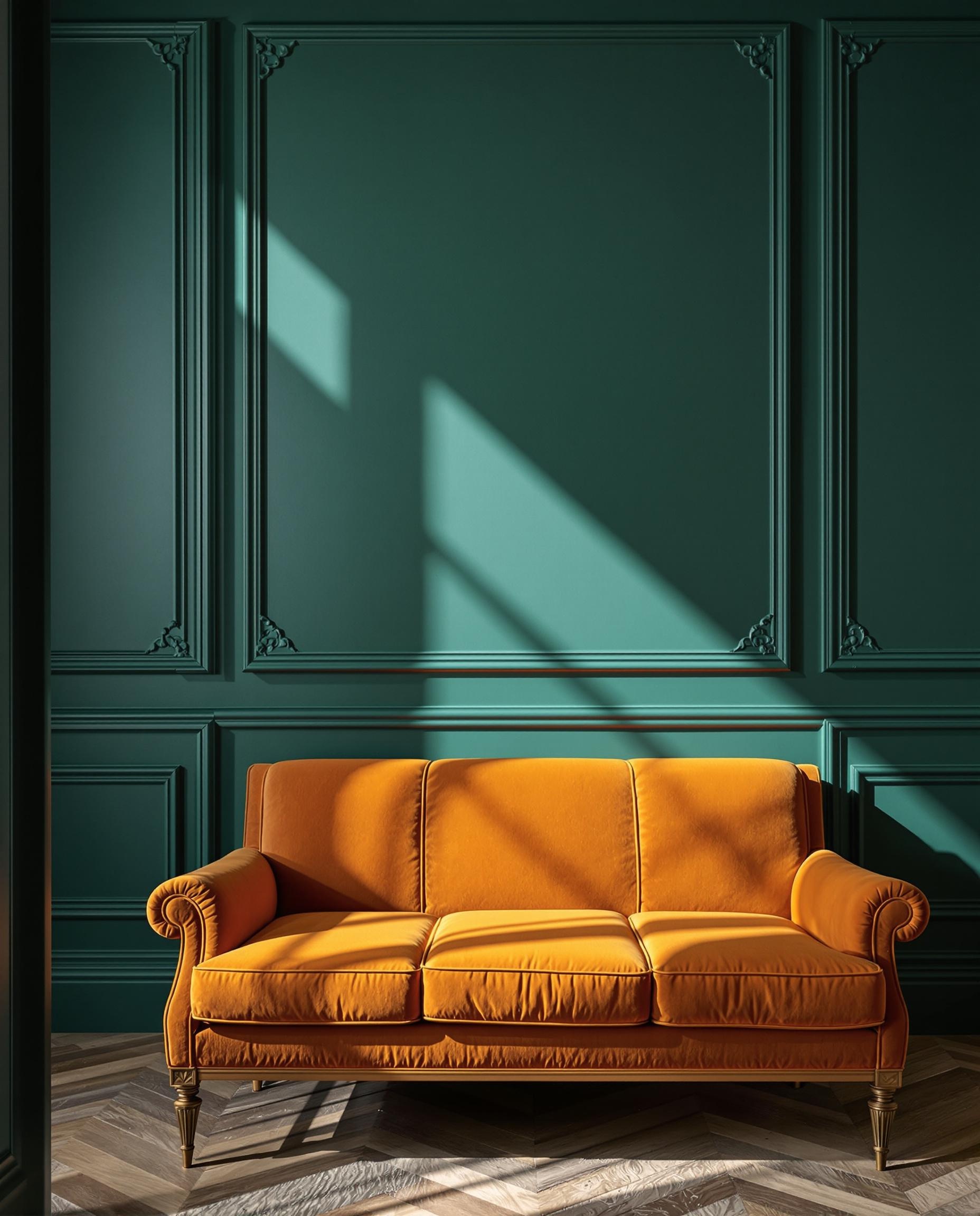 Salon avec velours cannelle et mur sarcelle mat, moulures Haussmann éclairées.