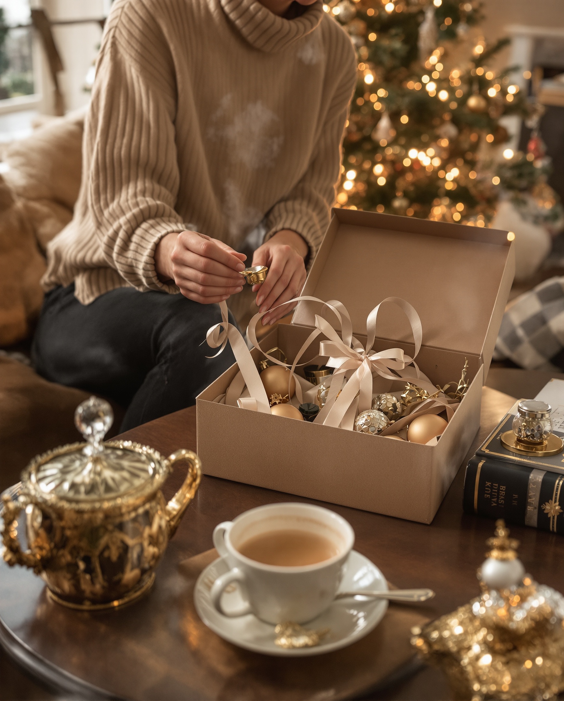 Préparatifs élégants de Noël en novembre, ambiance feutrée et raffinée.