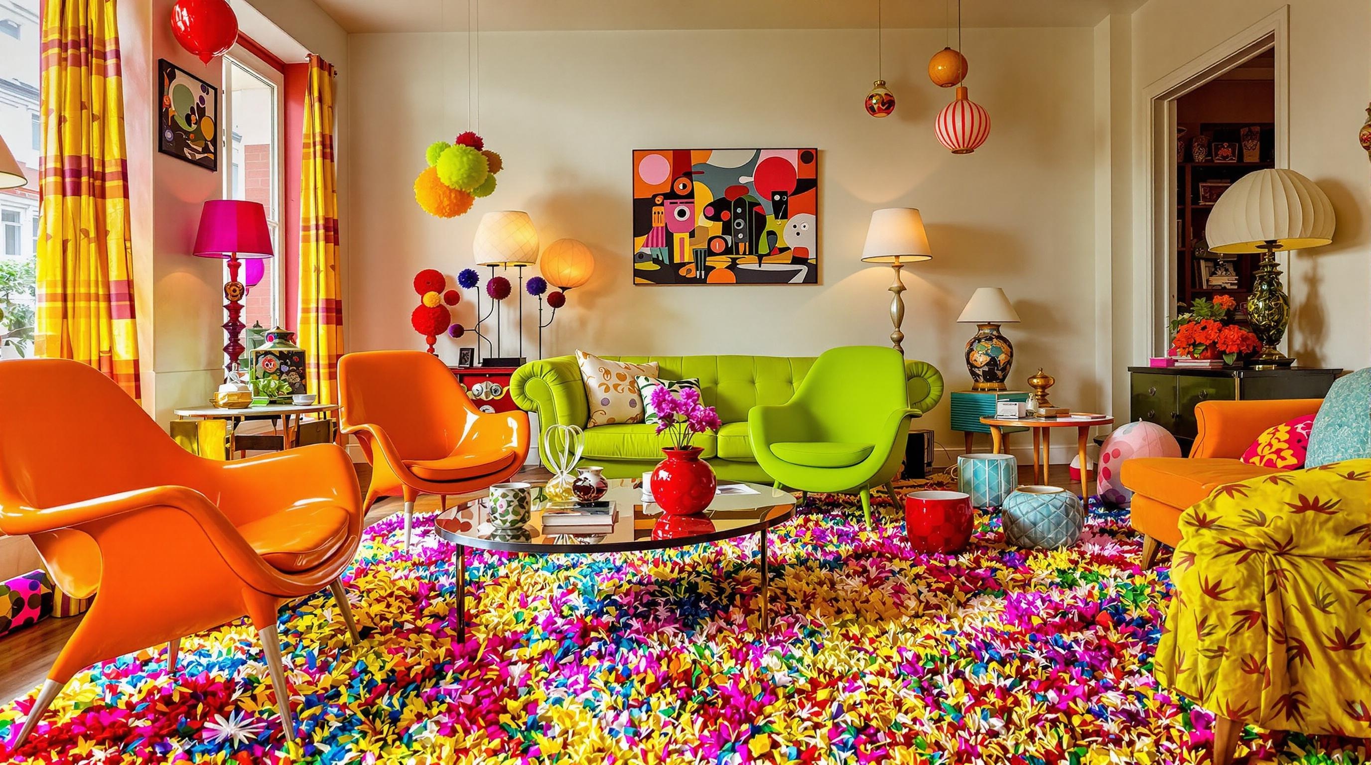 Salon excentrique mêlant meubles kitsch des années 70, objets dépareillés et couleurs criardes dans un style intentionnellement moche.