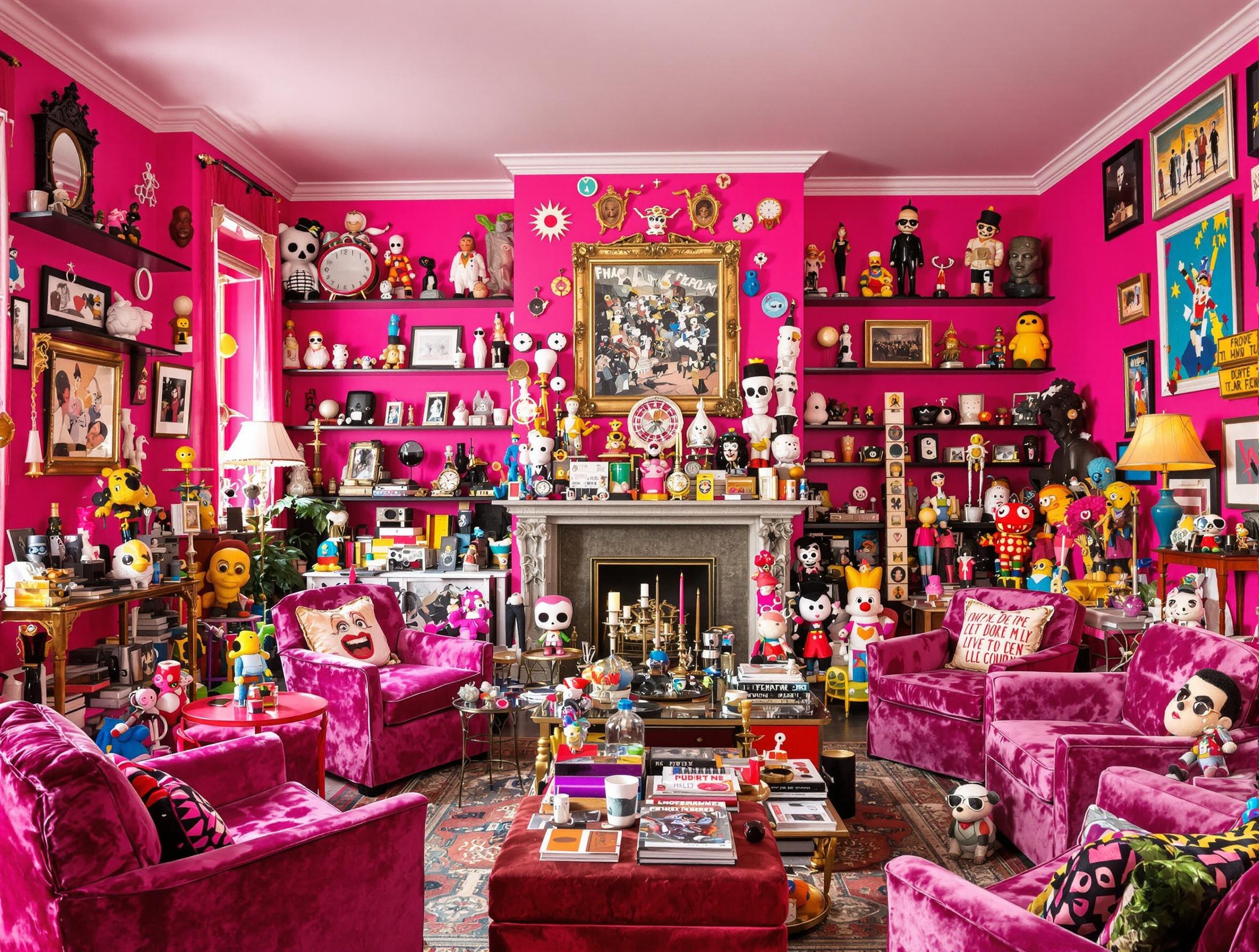 Salon excentrique avec une décoration kitsch et des bibelots inspirés de la pop culture