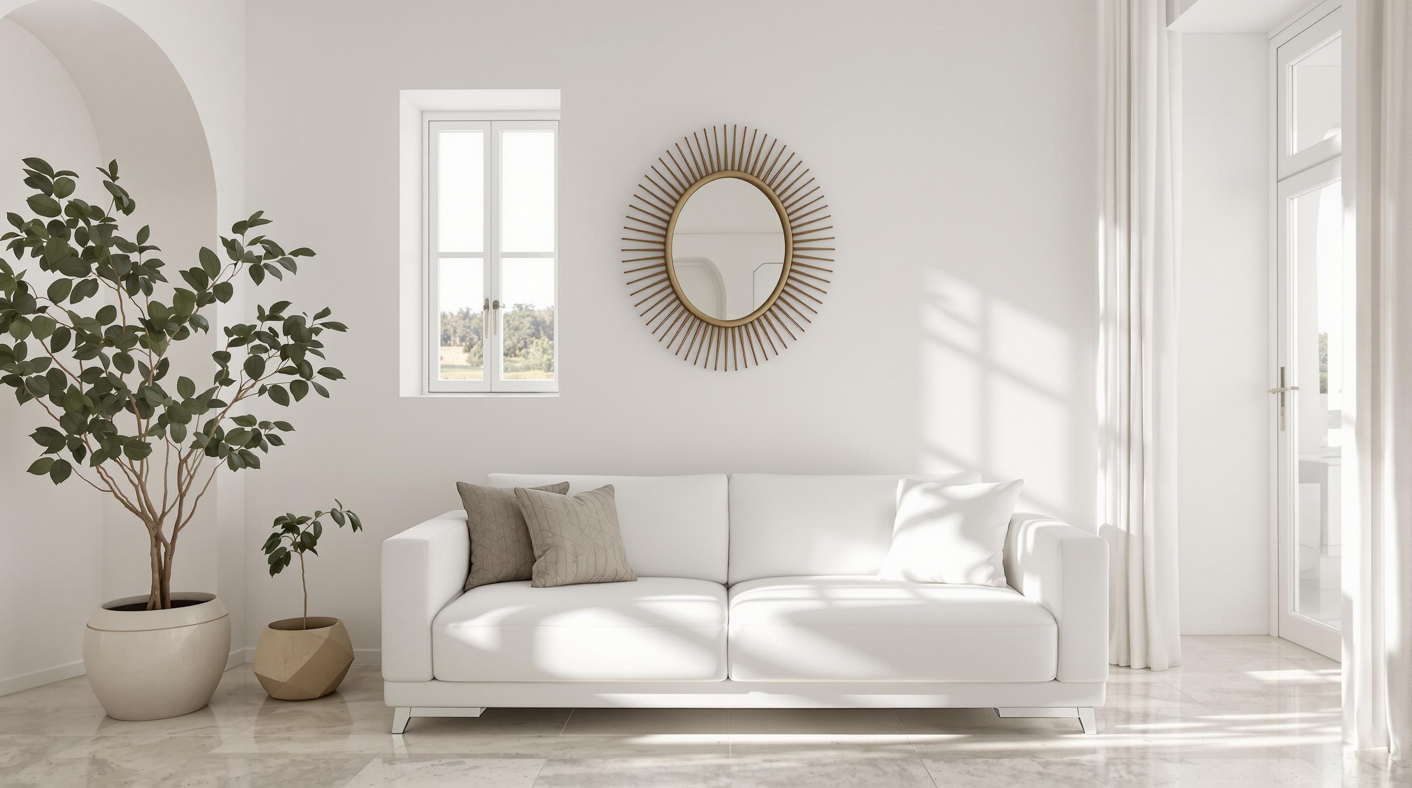 Salon de style French Riviera avec lumière zénithale, canapé bas, fenêtres hautes et miroir soleil.