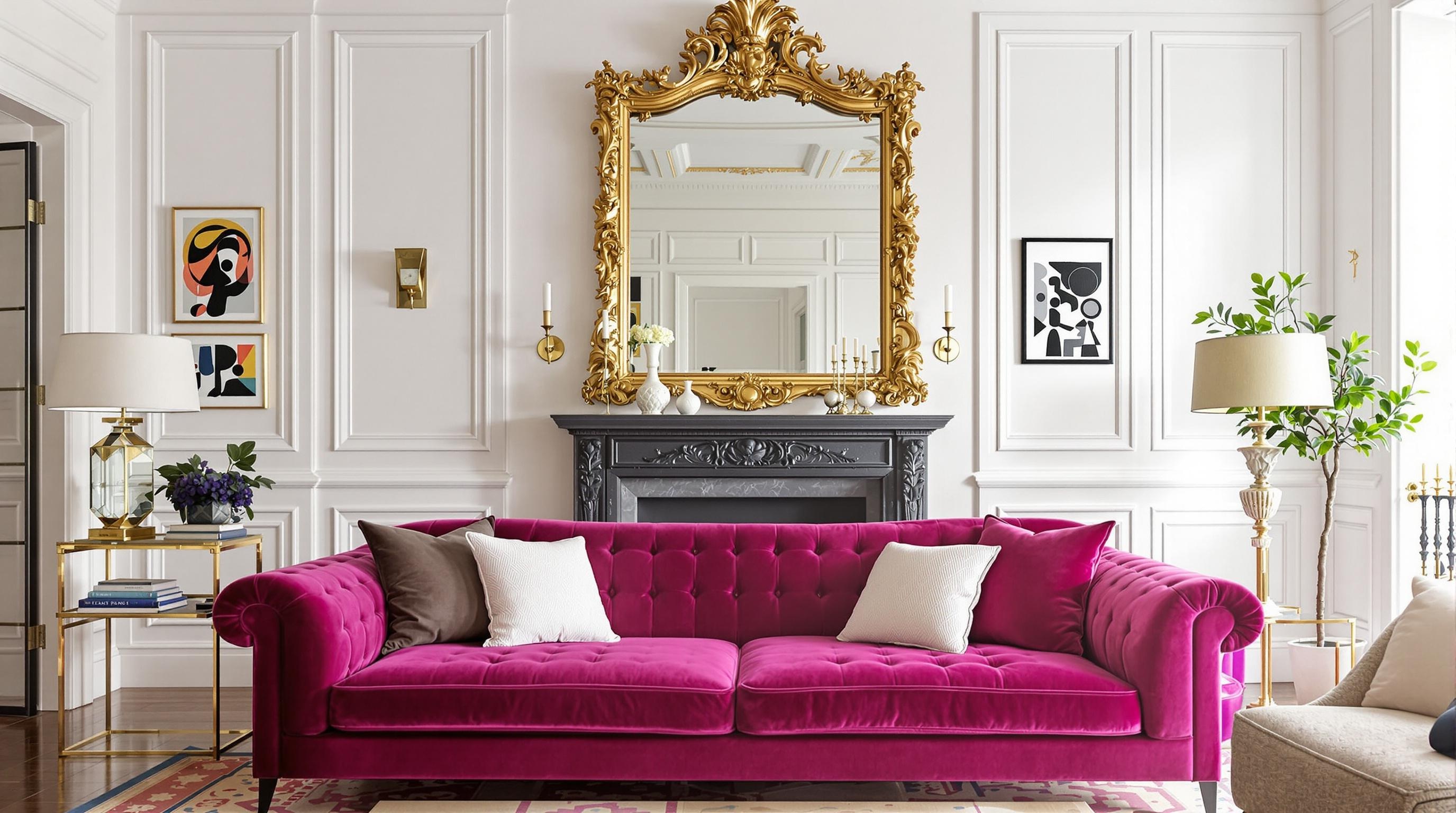 Salon haussmannien contemporain avec canapé Viva Magenta et miroir doré