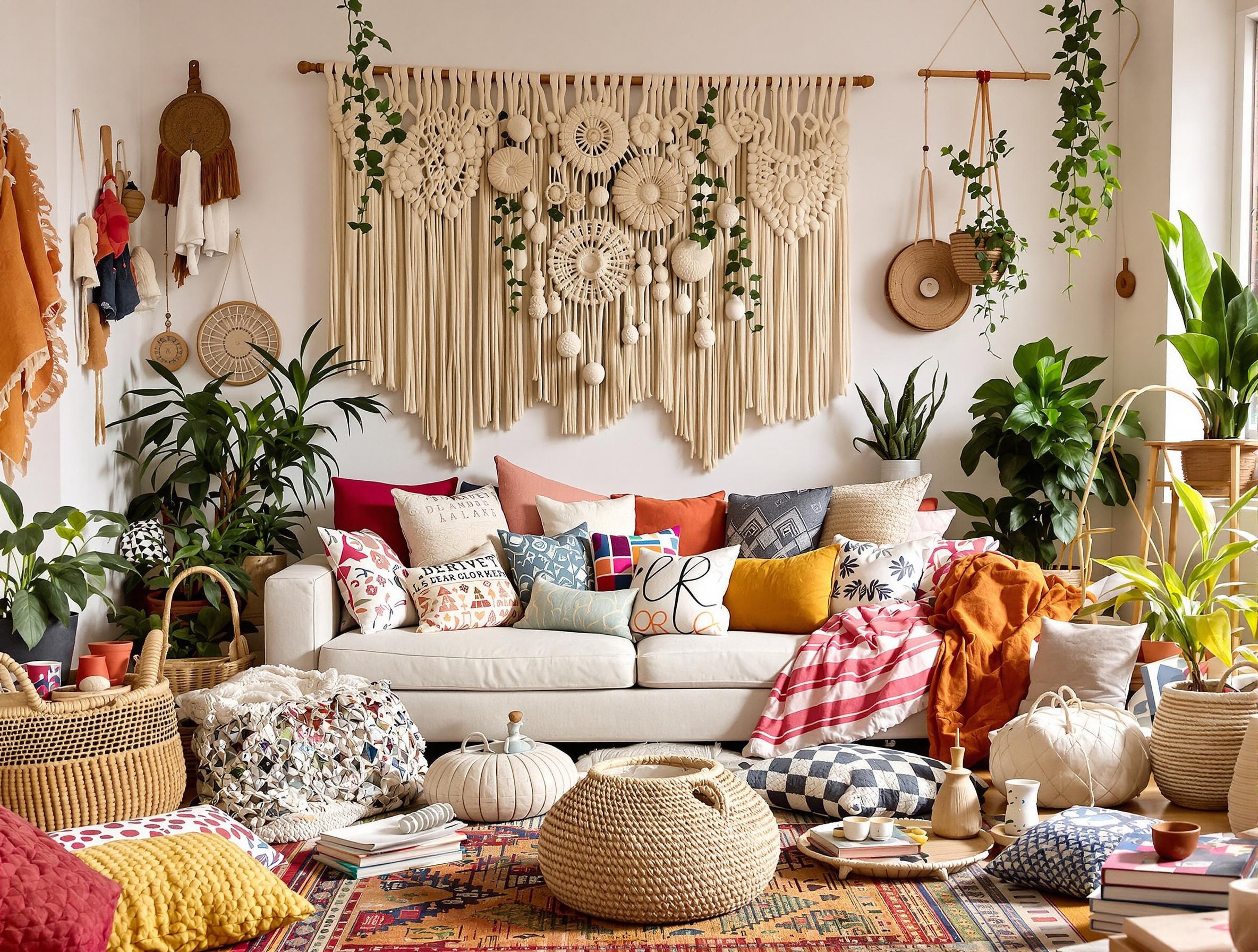 Salon hippie chic avec chaos raffiné, artisanat et couleurs vives