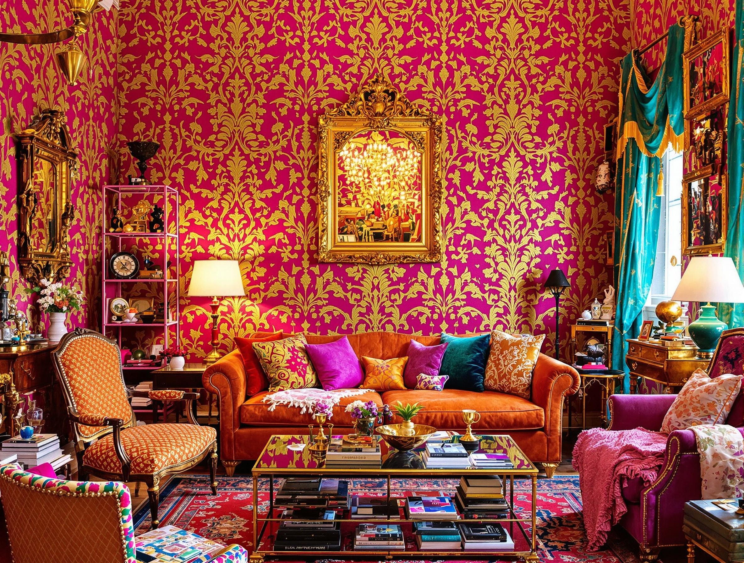 Salon kitsch avec un mur rose fuchsia et des motifs baroques