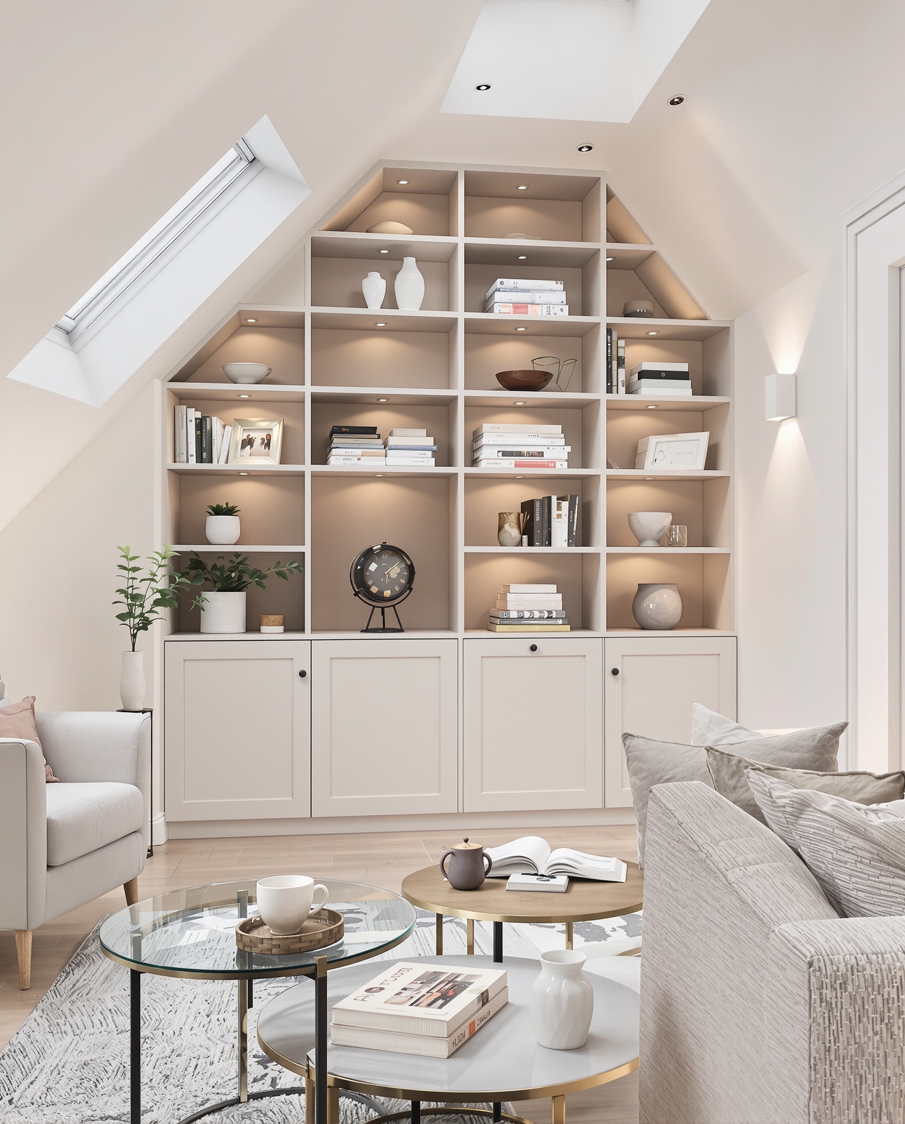 Salon londonien optimisé avec mobilier compact sur mesure et lumière naturelle abondante