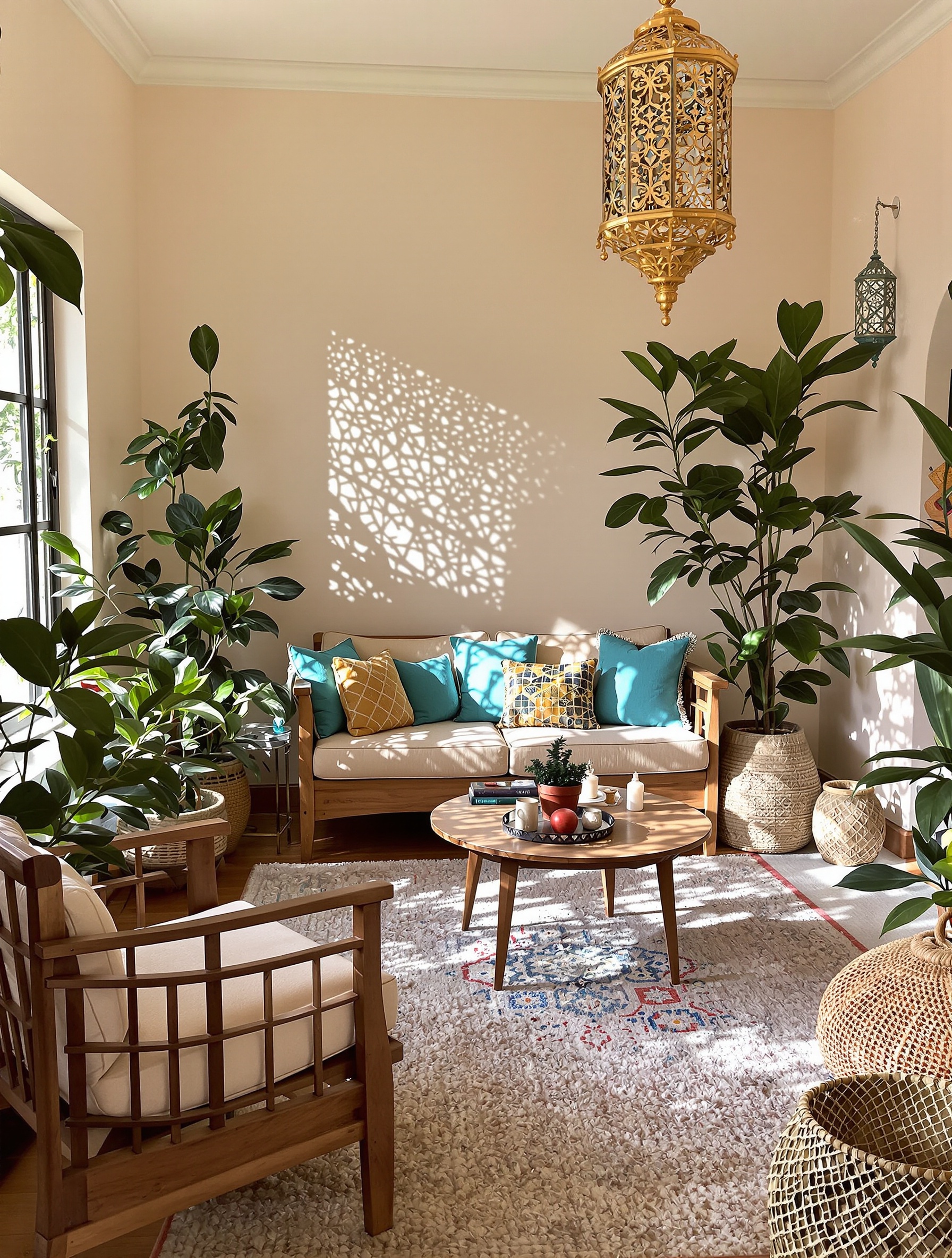 Salon intime inspiré du Maroc avec accessoires artisanaux, tapis berbère et lanternes. Ambiance personnalisée et élégante.