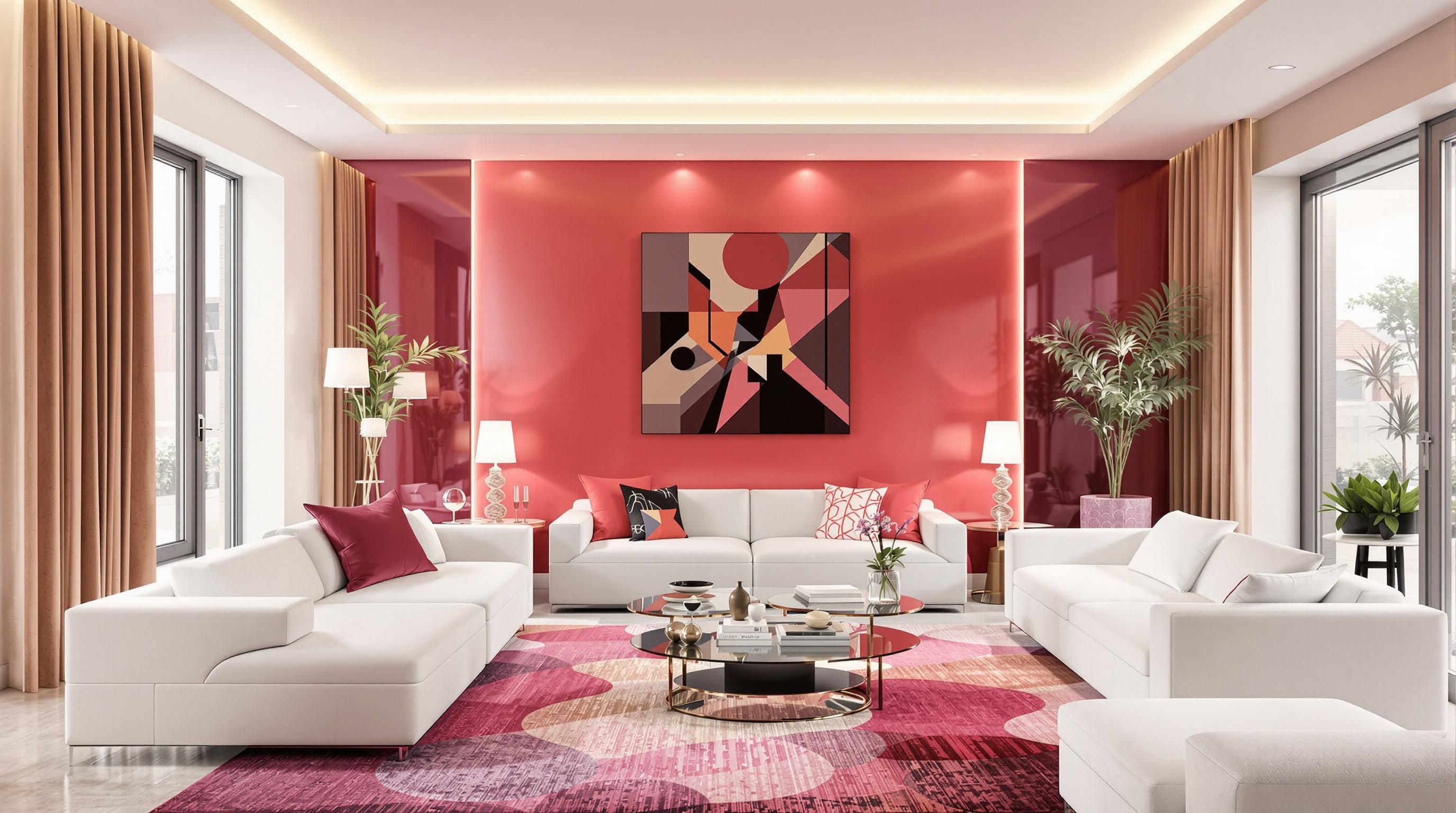 Salon pop art Milano Sixties avec mur poterie et accessoires blancs, accents lumineux façon Faubourg des lumières.