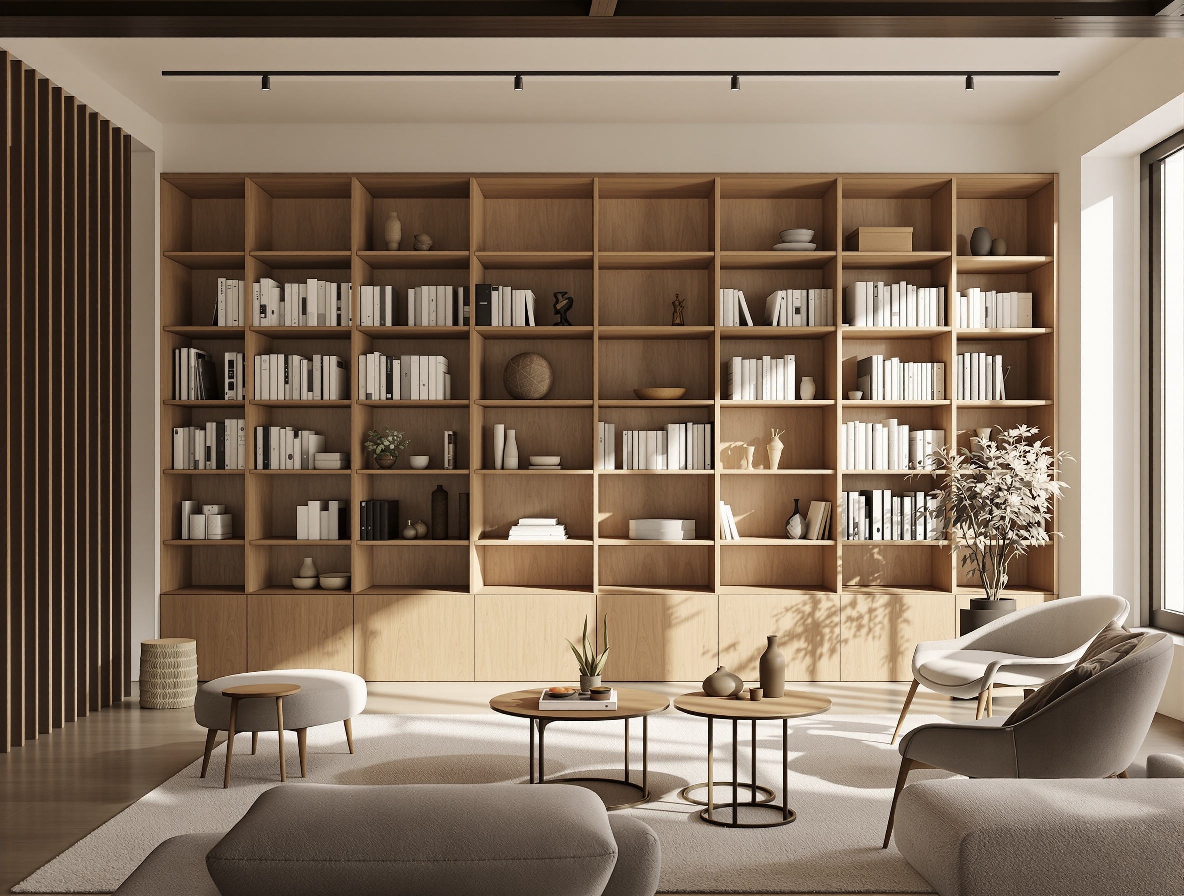 Salon contemporain bibliothèque bois massif artisanat et numérique