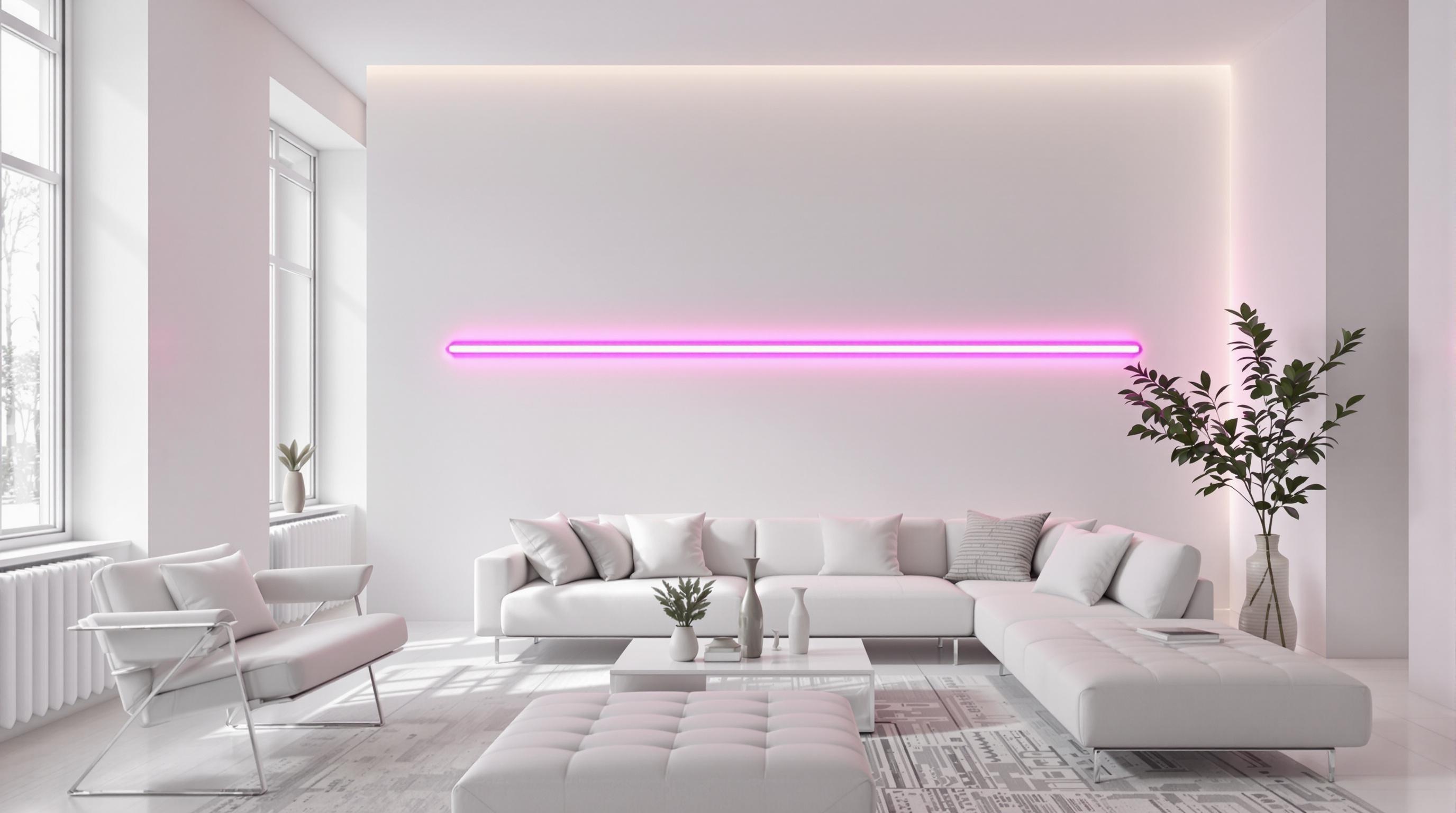 Salon minimaliste avec bandeau rose néon incandescent.