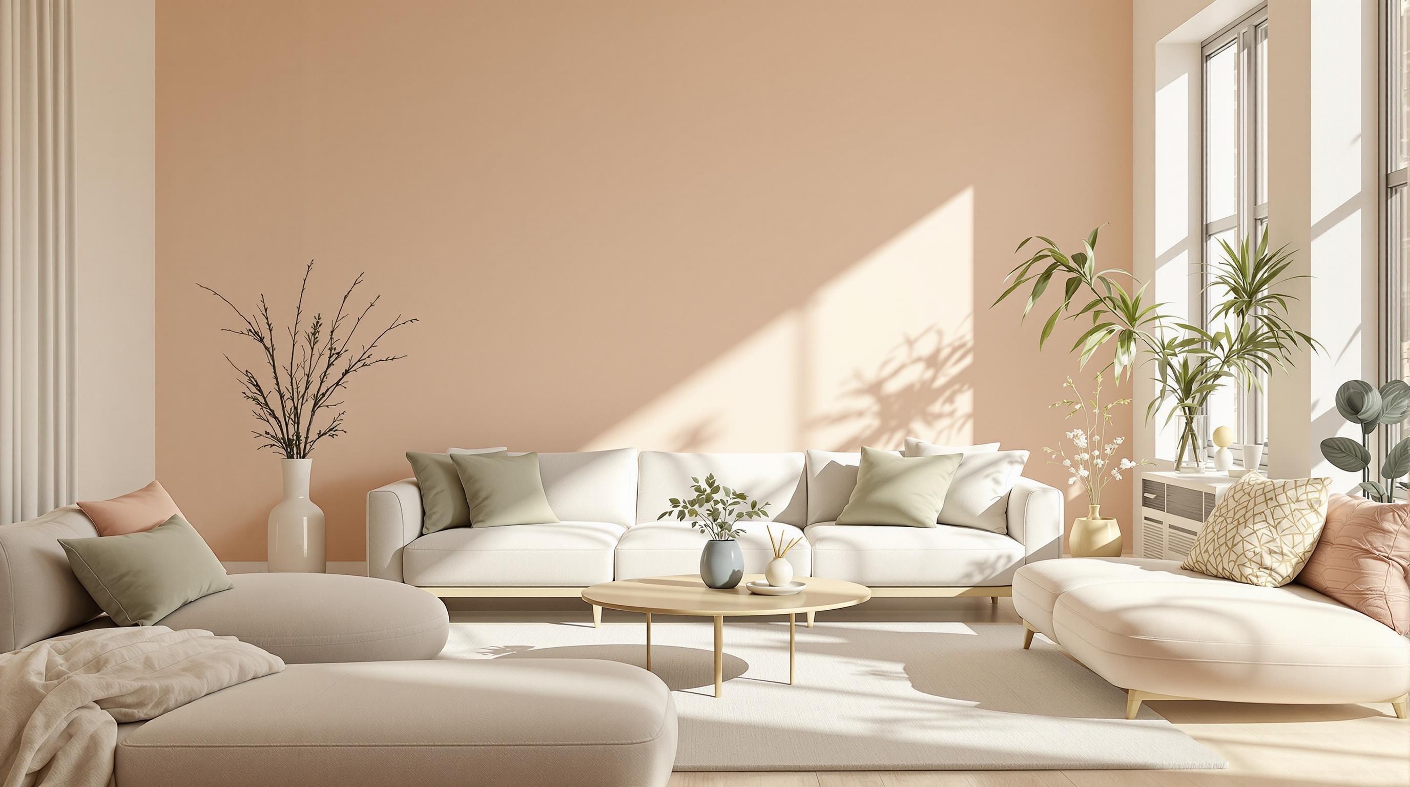 Salon minimaliste avec mur pêche et touches de vert sauge