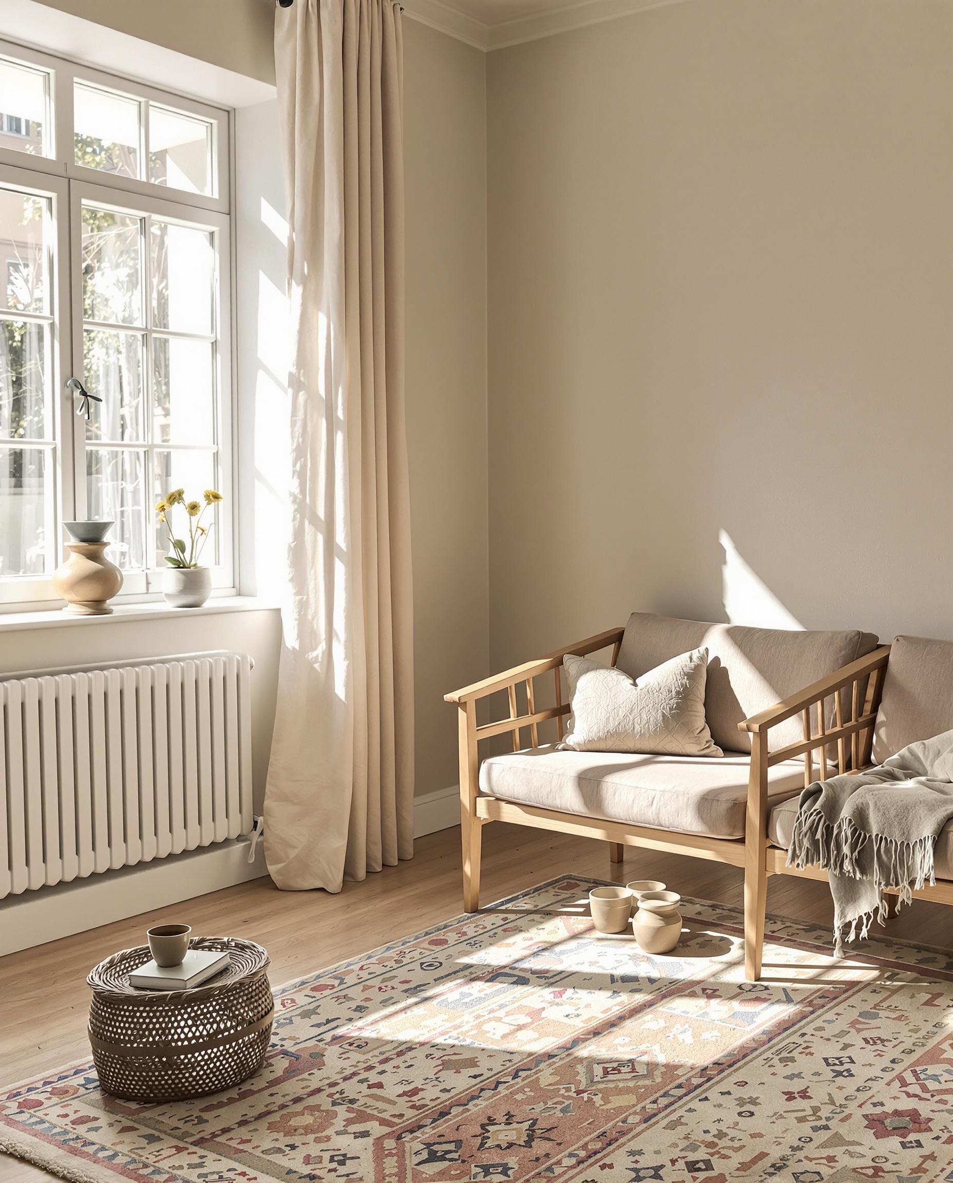 Salon minimaliste Kinfolk avec palette taupe, meubles en bois brut et lumière rasante sur tapis kilim