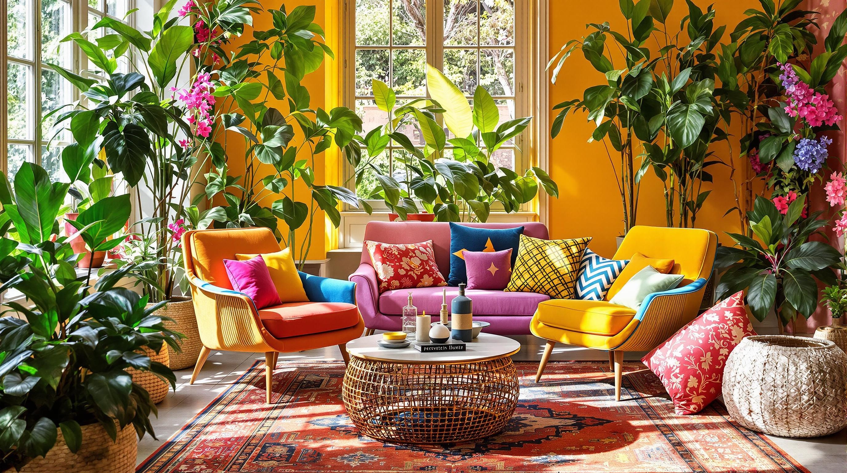 Salon moderne avec chaises colorées, tapis et accessoires décoratifs
