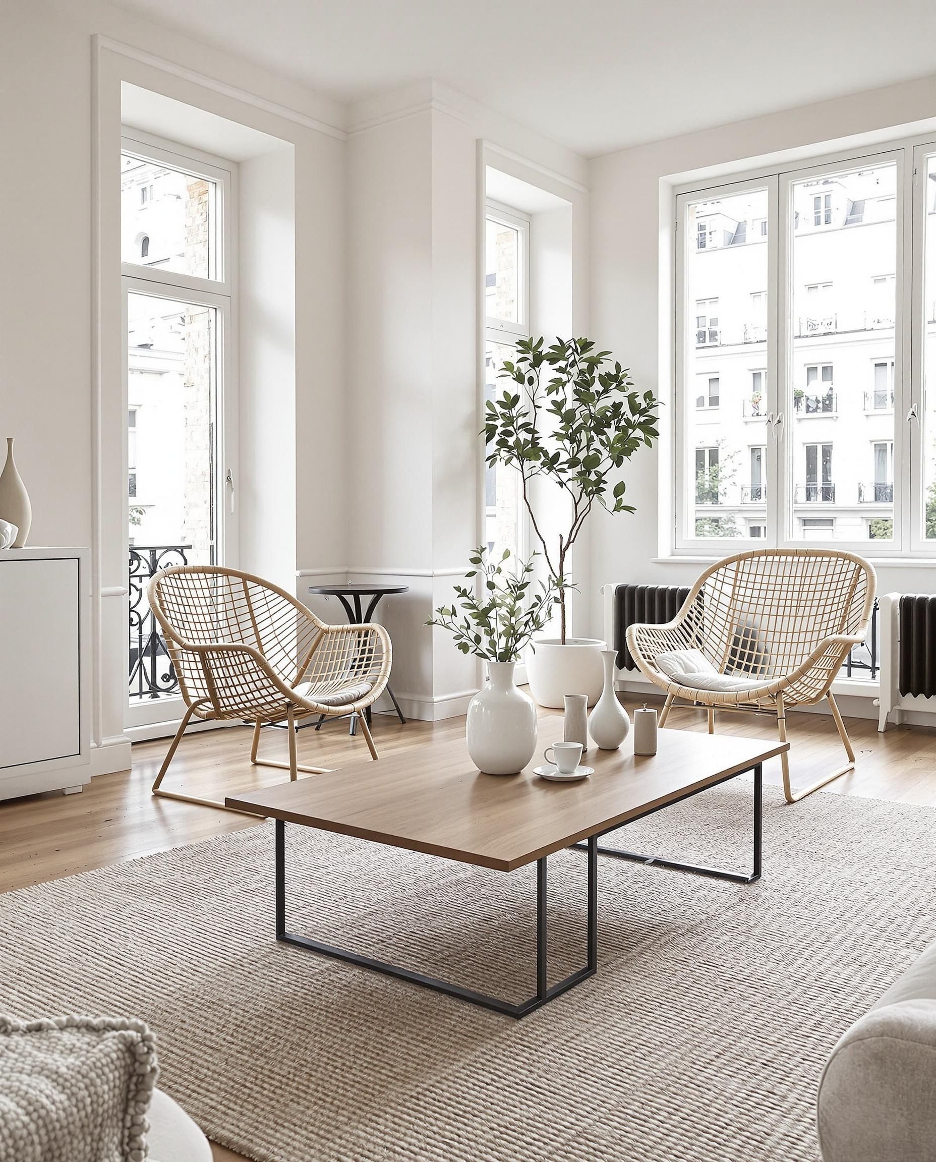 Salon moderne mêlant AMPM, Zara Home et fauteuil rotin Emmaüs, ambiance sobre et sophistiquée.
