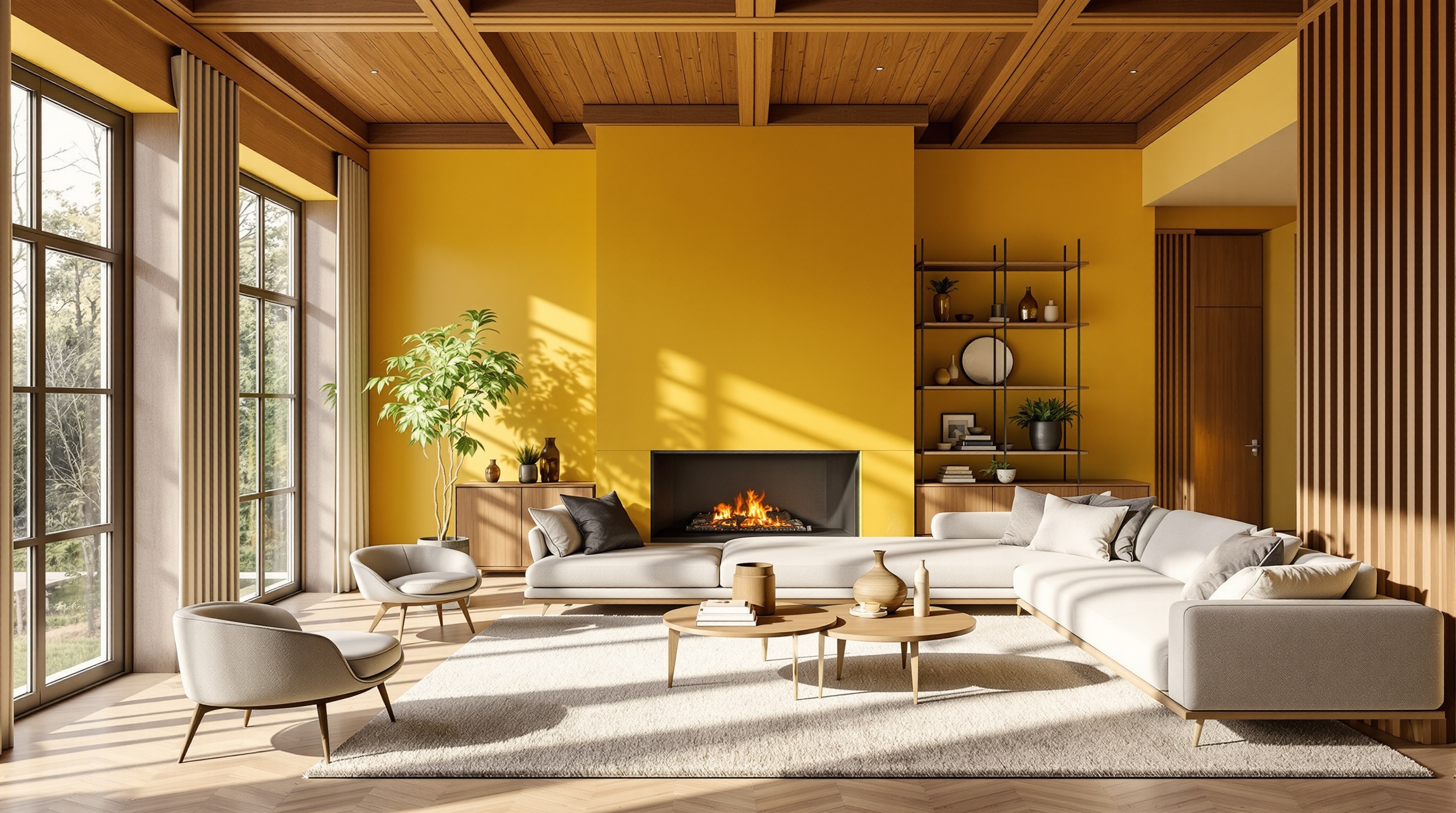 Salon moderne avec mur d'accent jaune paille, plafonds subtilement teintés et boiseries rétro.