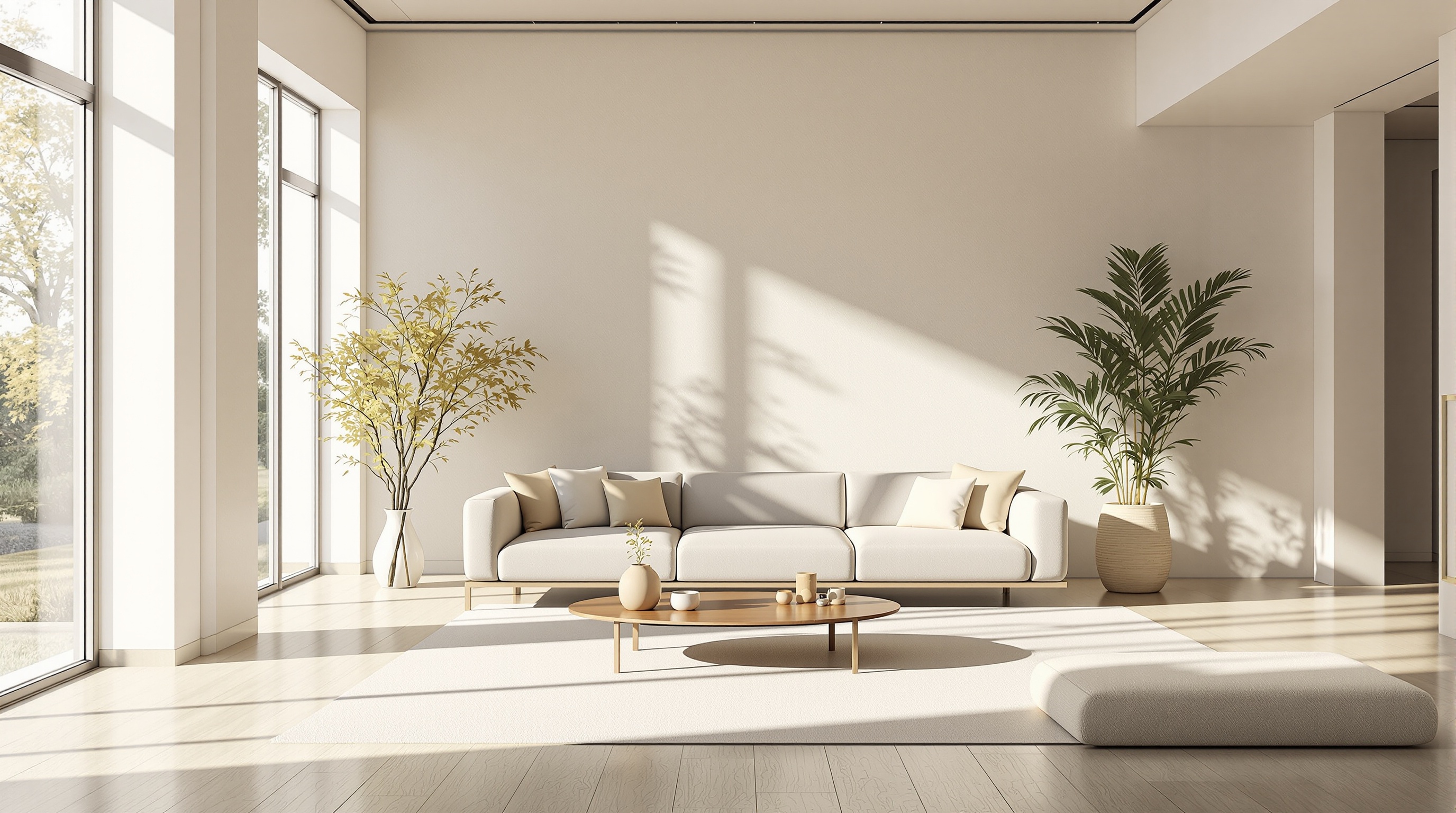 Salon moderniste lumineux avec canapé épuré et vide structurant