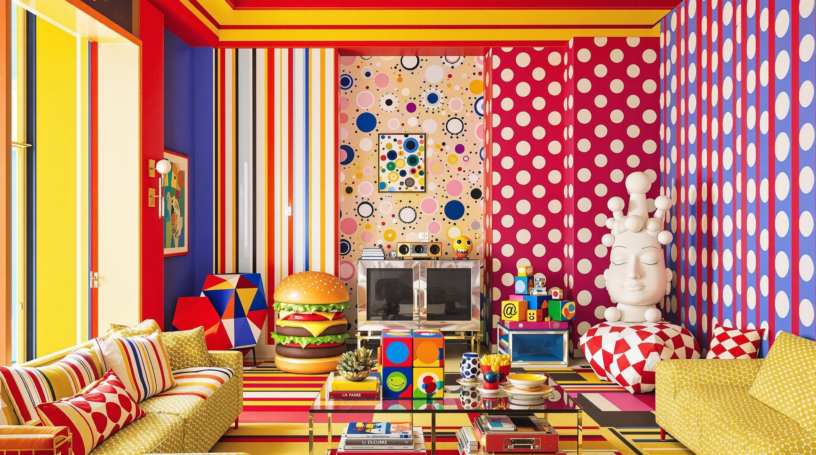 Salon Pop Art exubérant avec rayures bariolées rouges jaunes bleues et grands pois façon Lichtenstein, trio objets déco arty.