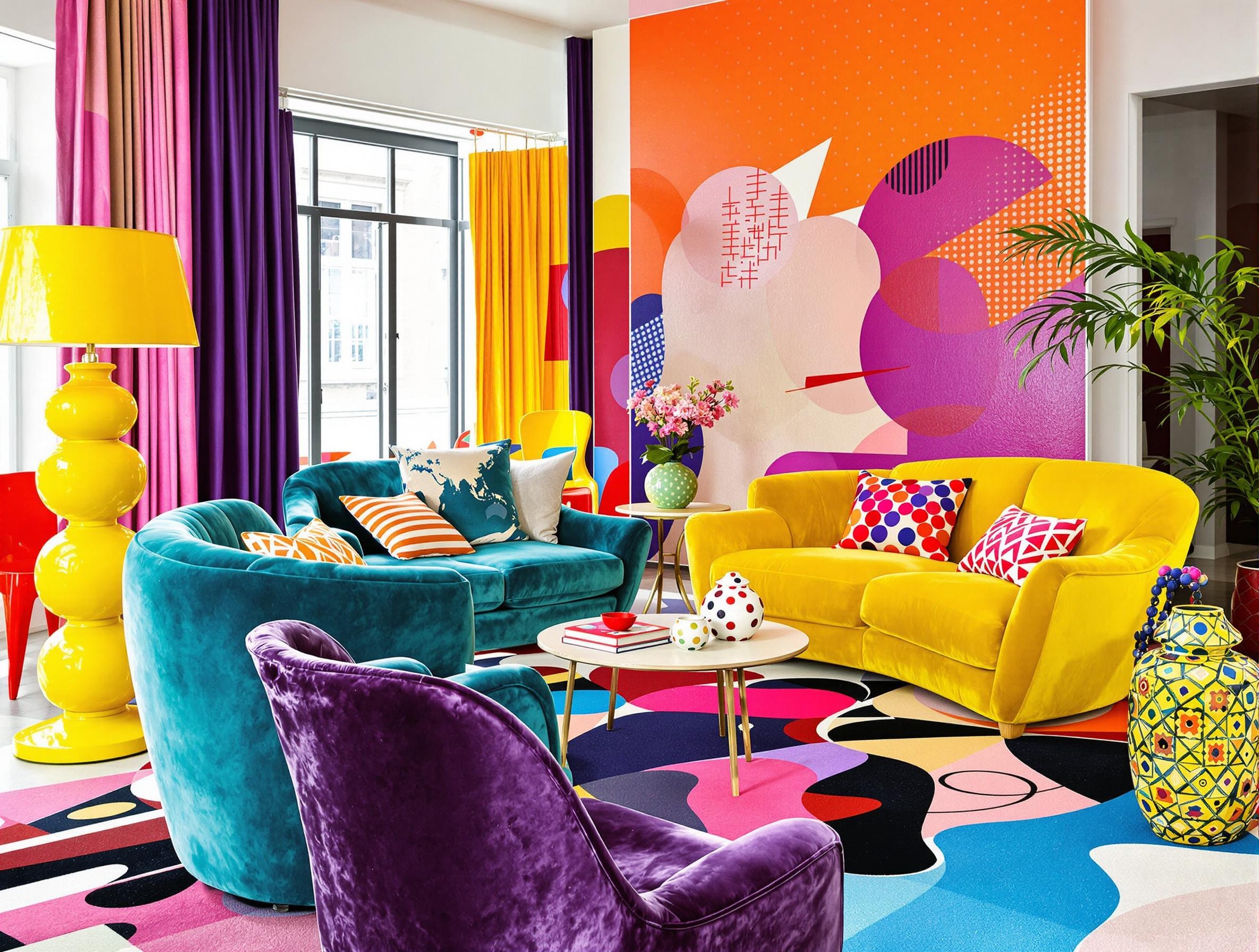 Salon pop art avec fauteuils multicolores en velours, chaises en plastique coloré, tapis géométrique, coussins à pois et rayures acidulées, lampadaire jaune impérial et guéridon poterie.