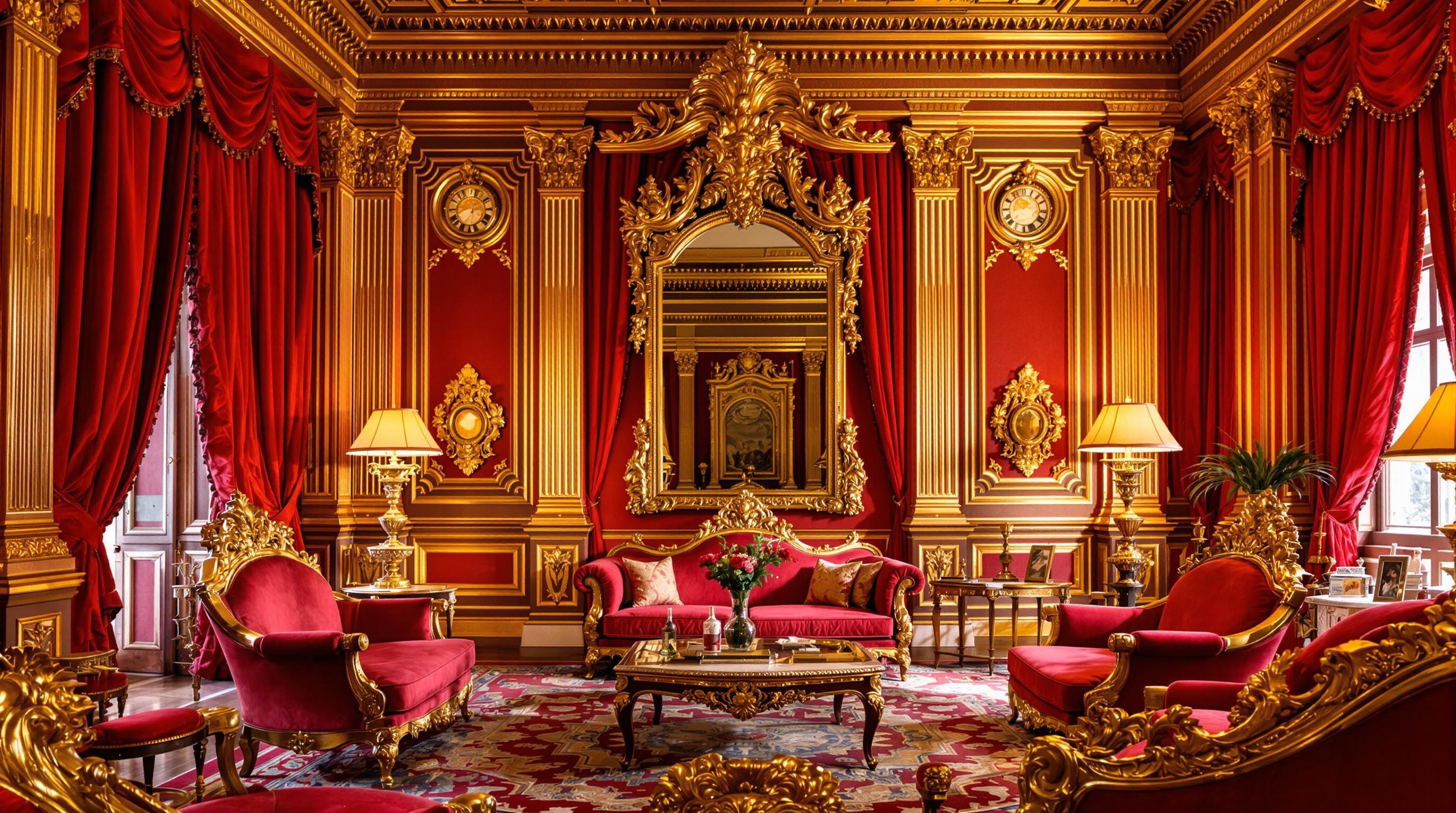 Salon rococo outrancier avec moulures dorées, meubles massifs, tentures rouges criardes et miroir surdimensionné.