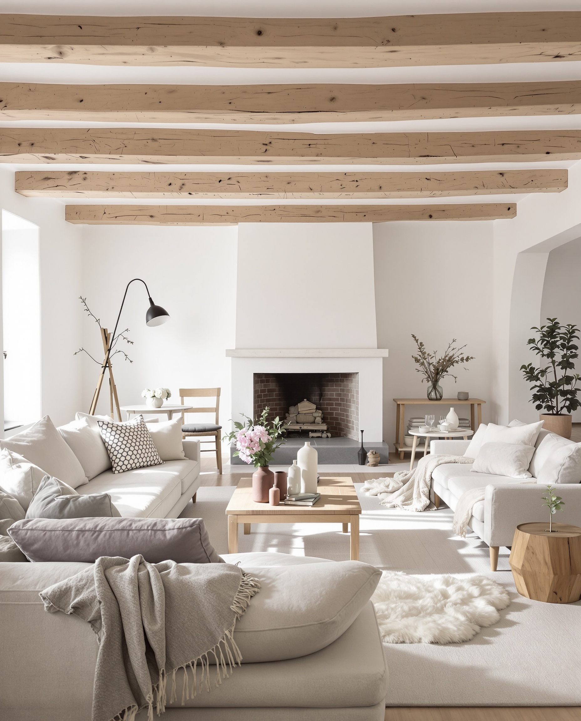 salon rustique moderne aux poutres apparentes et mobilier bois brut