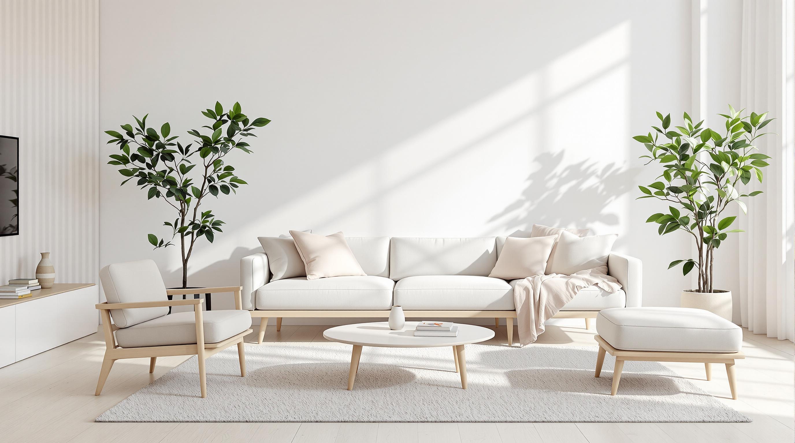 Salon scandinave minimaliste mobilier épuré bois clair murs blancs.