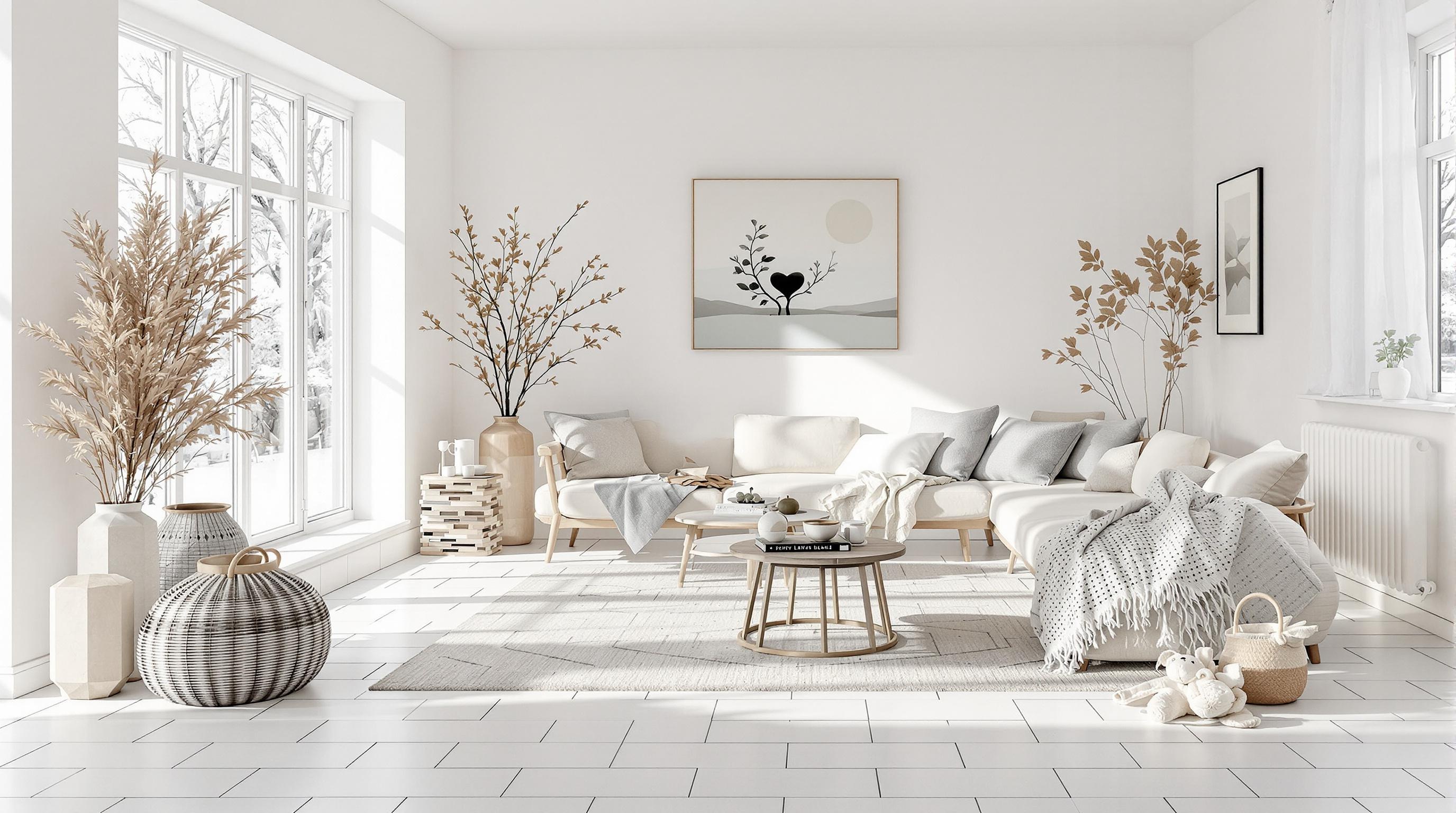 Salon scandinave lumineux avec tomettes blanches, mobilier bois clair.