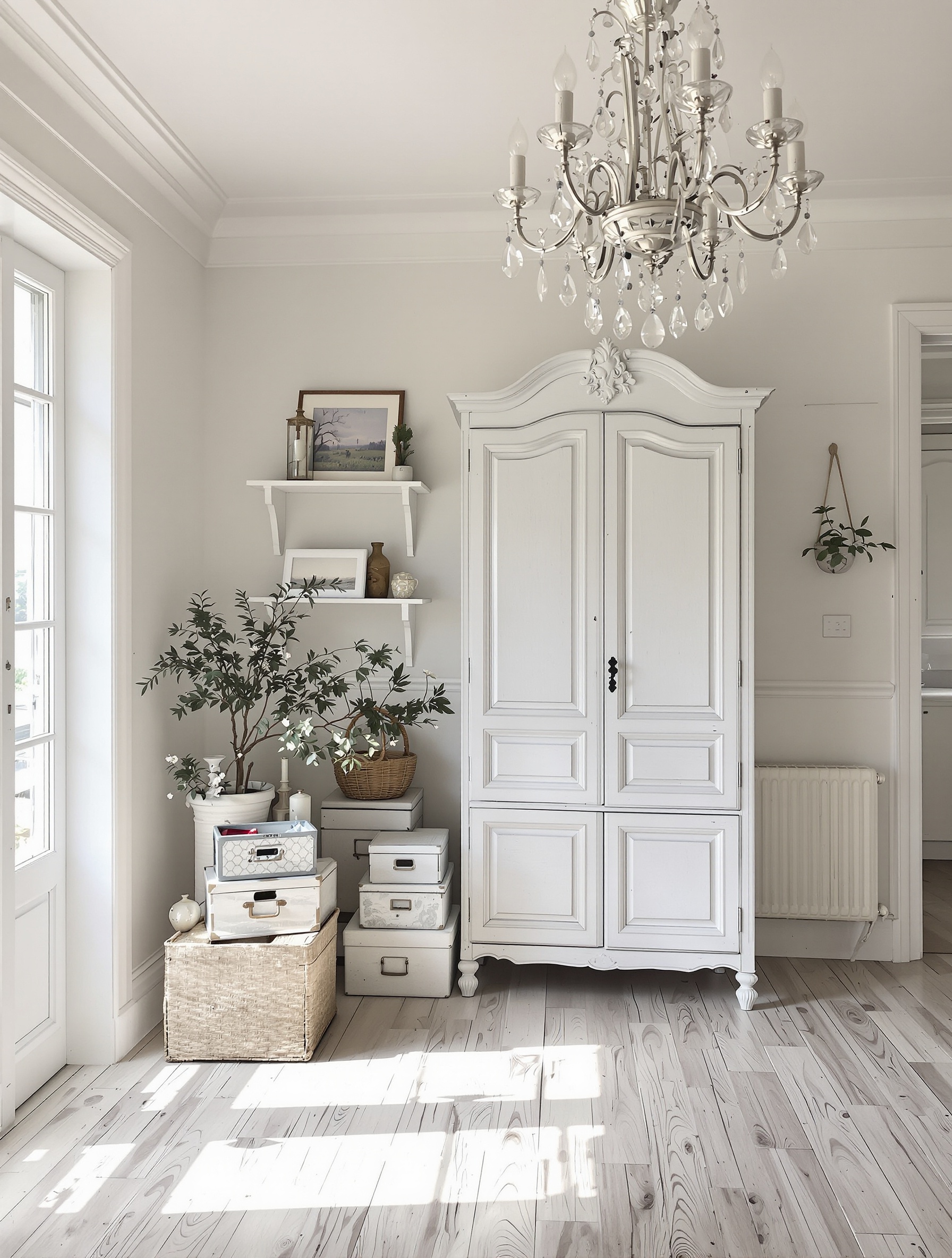 Ambiance salon shabby chic contemporain : armoire patinée, boîtes de rangement vintage, sol en bois brut, lustre à pampilles, palette claire et accessoires discrets.