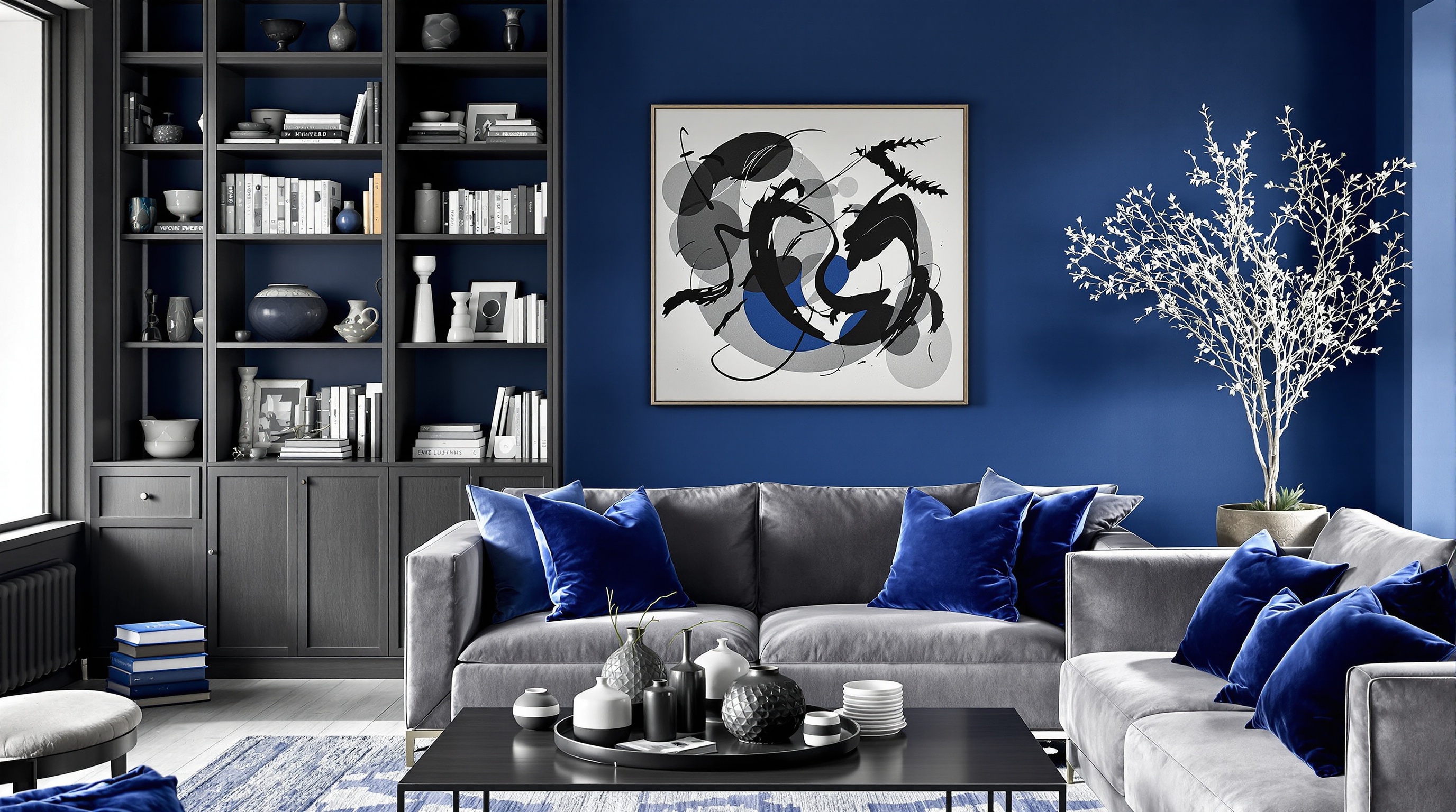 Salon élégant avec mur bleu outremer VP3320, bibliothèque bois sombre et objets Ziggy Monochromic