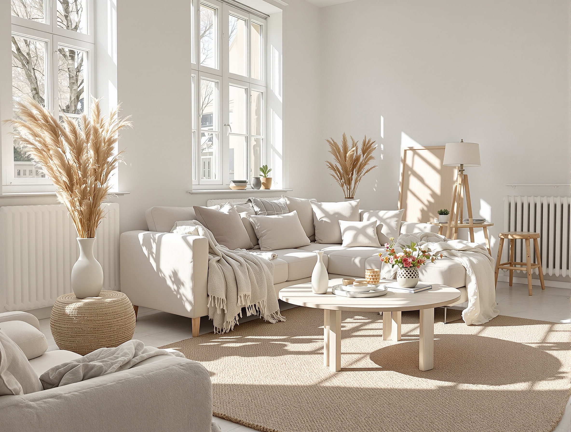 Salon suédois aux murs blancs immaculés avec bois clair et textures variées.