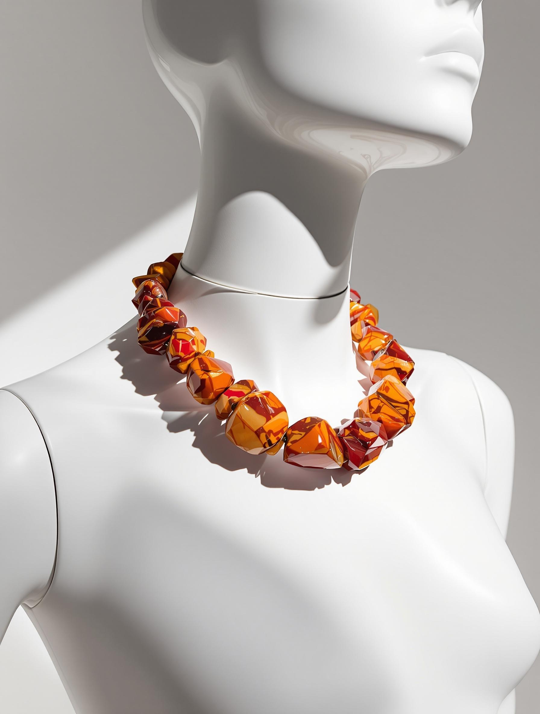Sautoir chunky en Cornaline et Jaspe Rouge, superposé pour un effet de contraste sur un mannequin minimaliste.