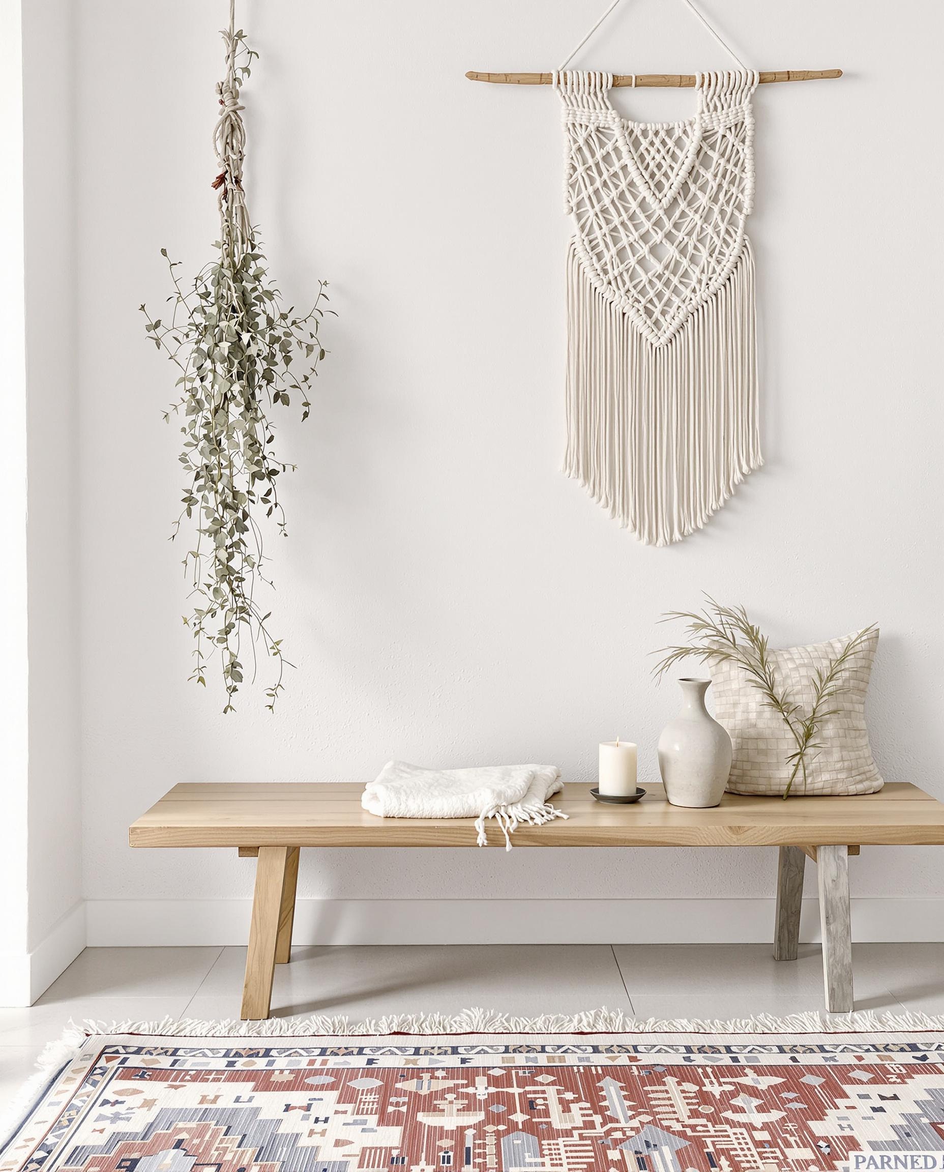 Scène DIY Kinfolk avec macramé et kilim artisanal