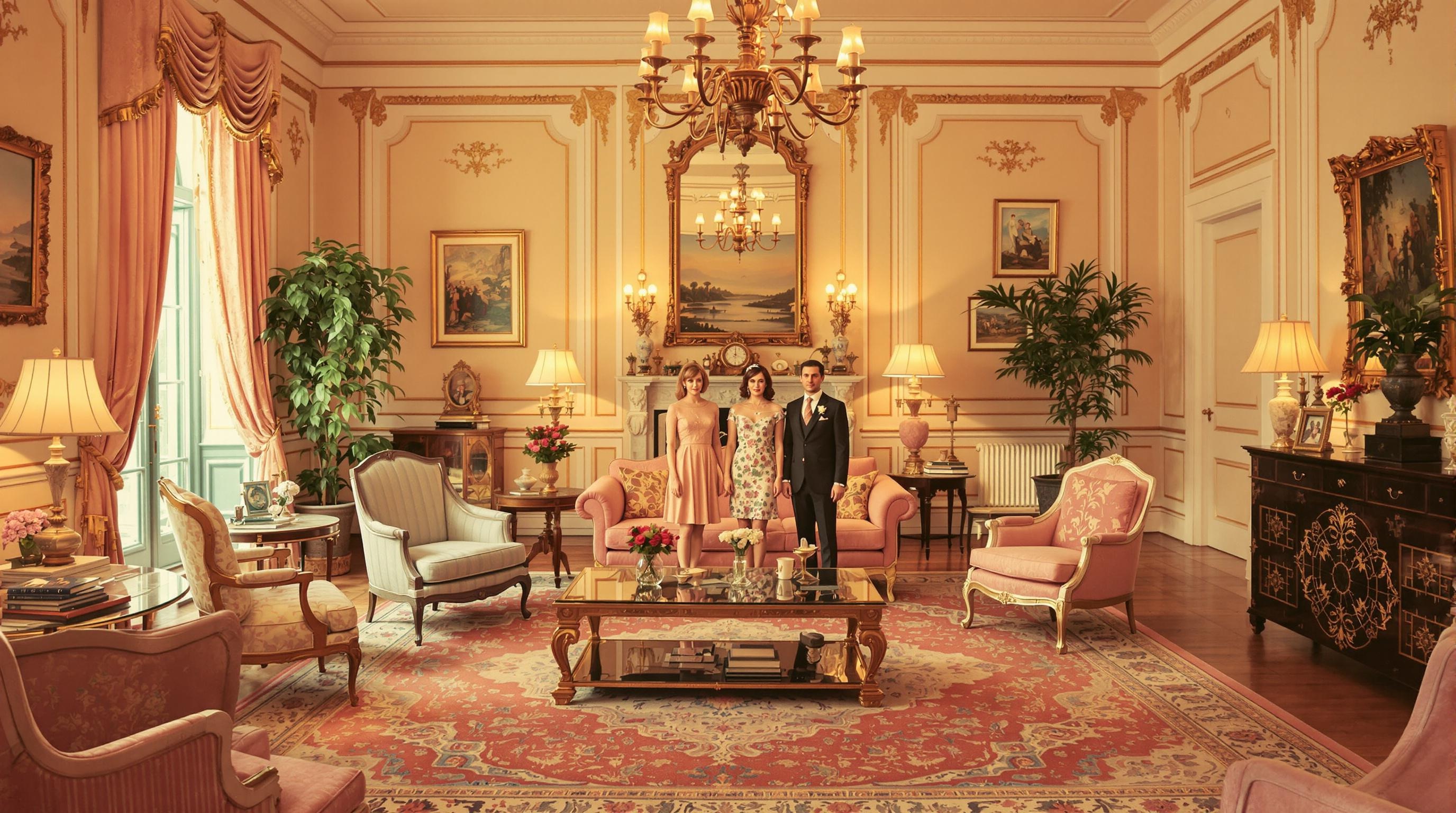 Salon extravagant avec couleurs pastel et symétrie, inspiré du style Wes Anderson