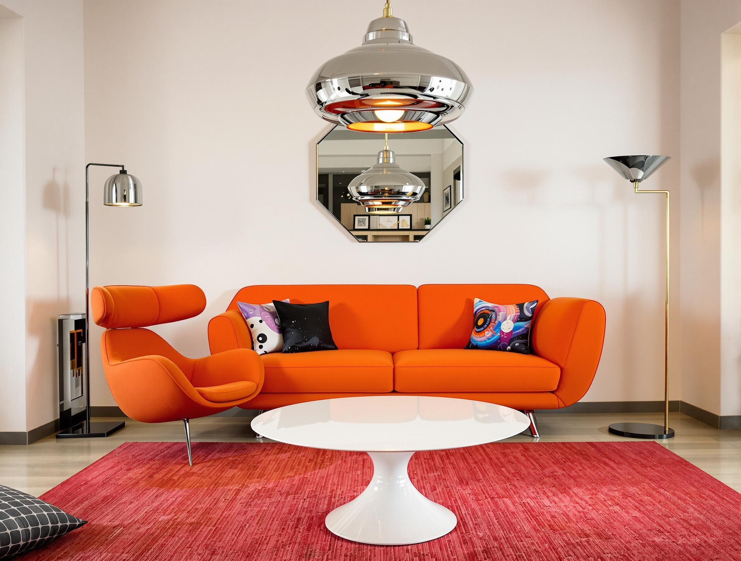 Salon contemporain avec accents Space Age, suspension chromée et fauteuil orange