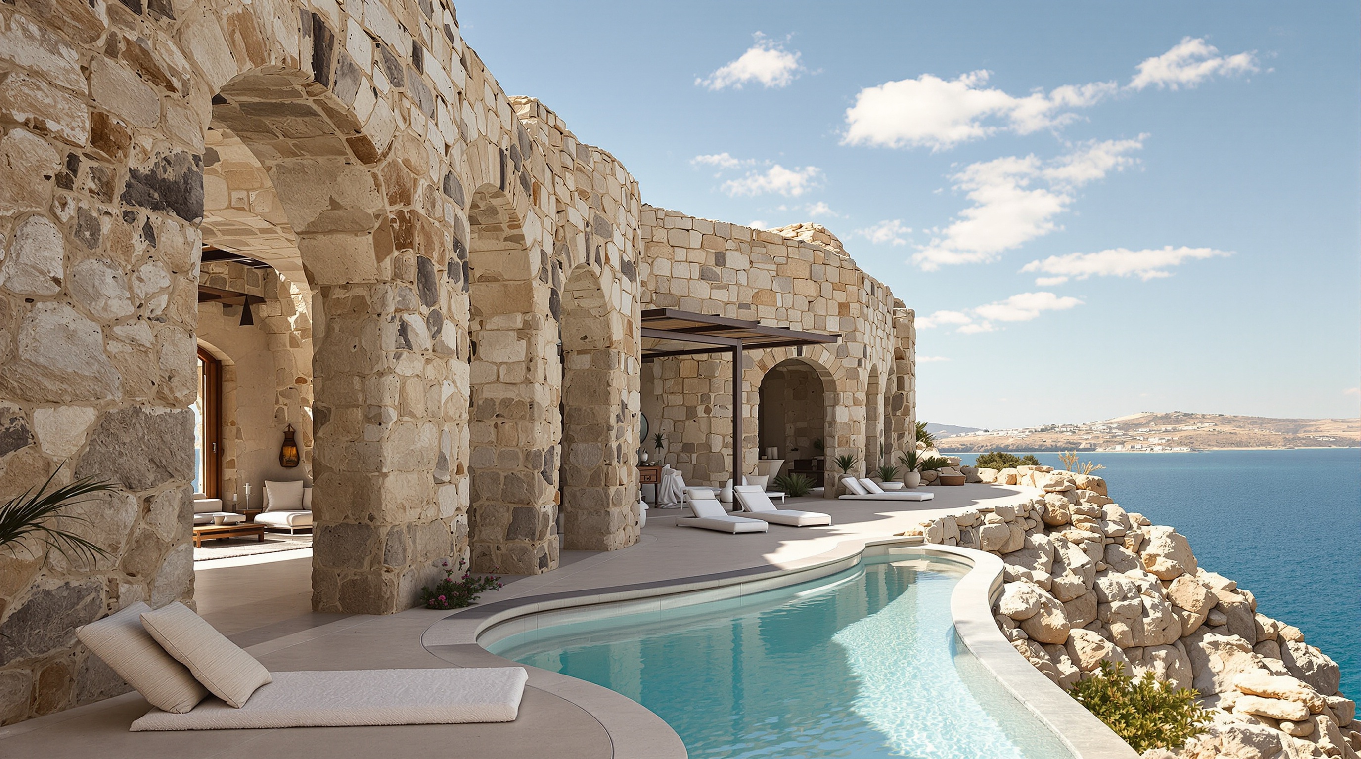 Intérieur ou extérieur de Scorpios Mykonos, avec son design brutaliste bohème et ses matériaux naturels.