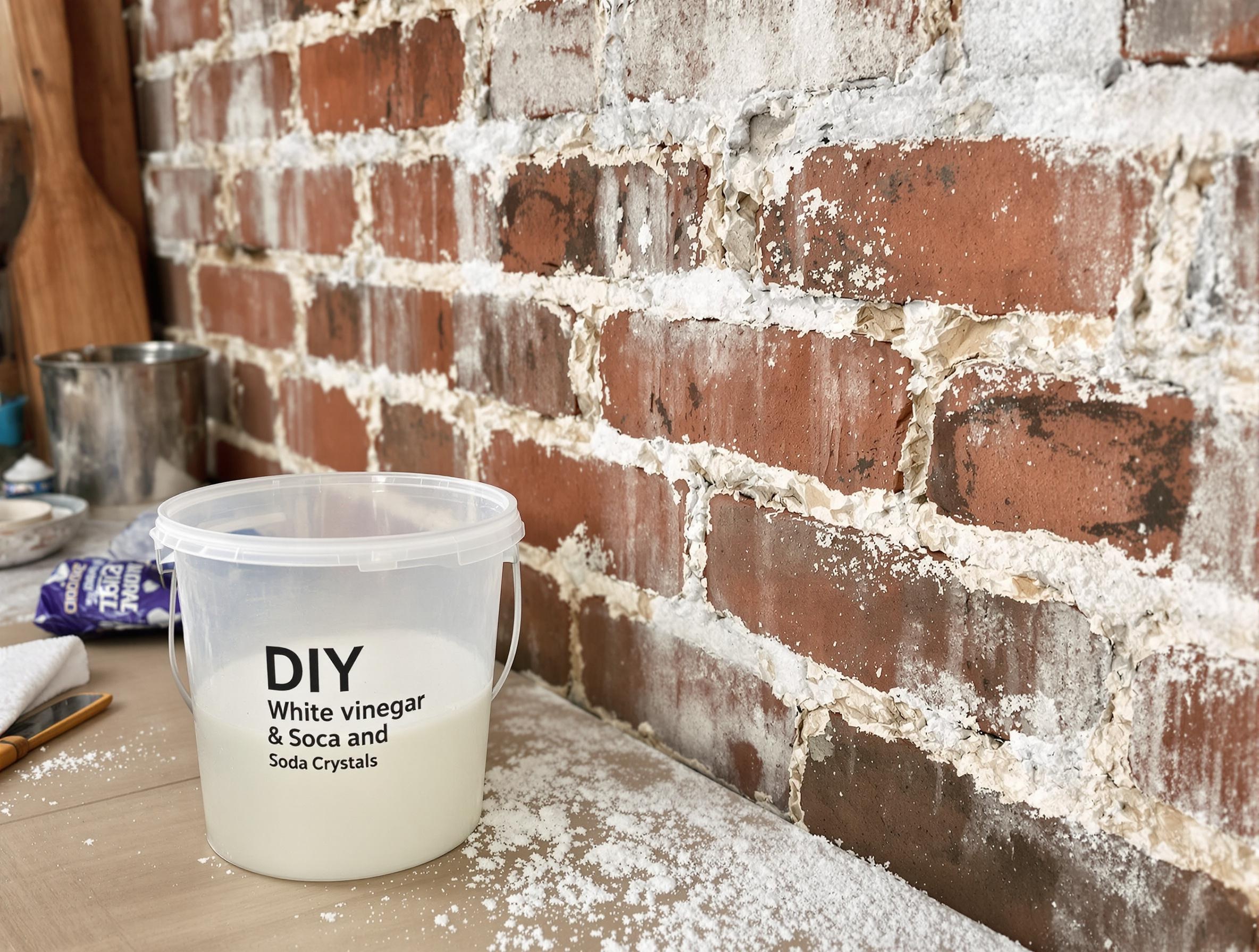Solution de vinaigre blanc et cristaux de soude pour nettoyer un mur en brique