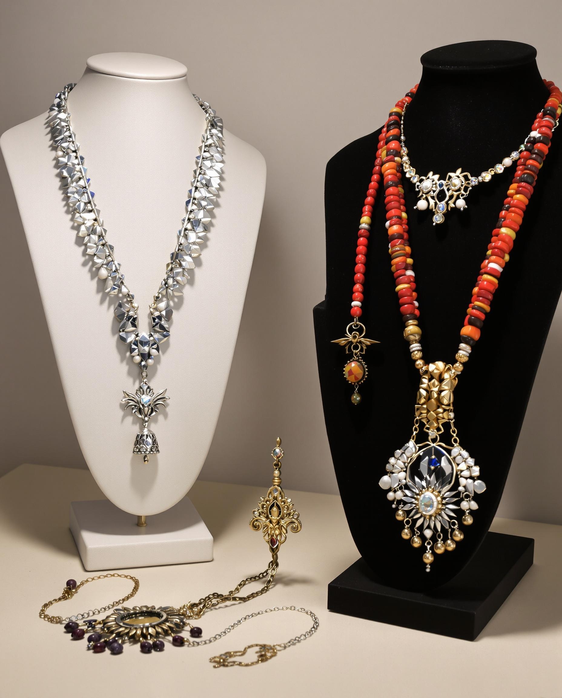Sélection de colliers ethniques fantaisie artisanaux présentés avec soin.