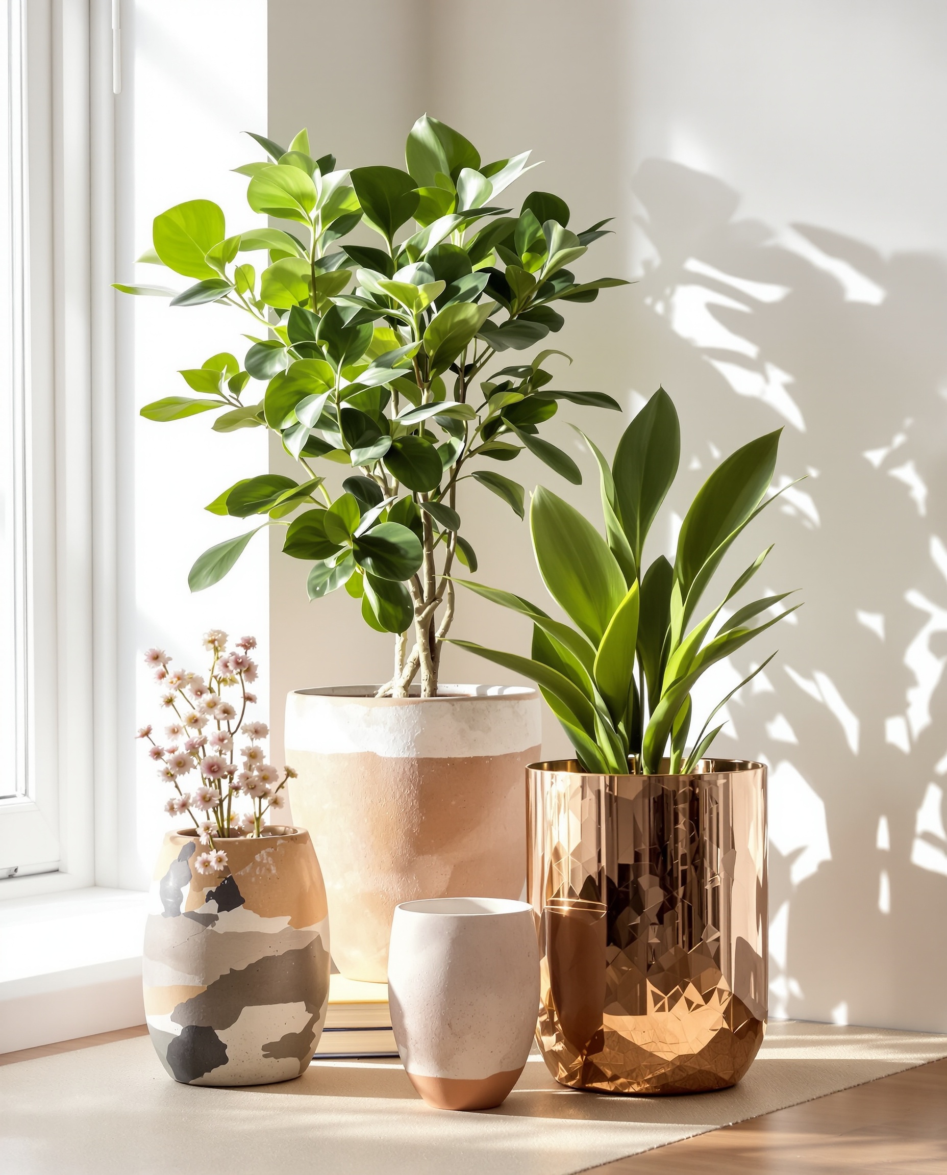 Pots design en terre cuite, céramique émaillée et métal oxydé