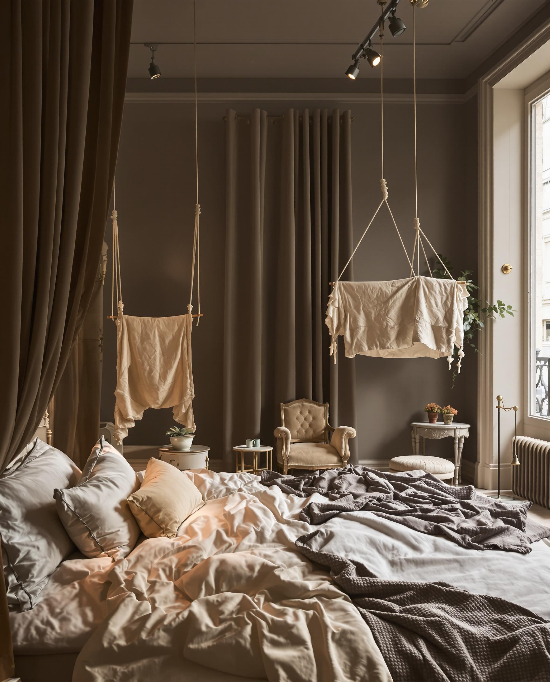 Deuxième étage du showroom Caravane avec chambres scénographiées et linge ancien