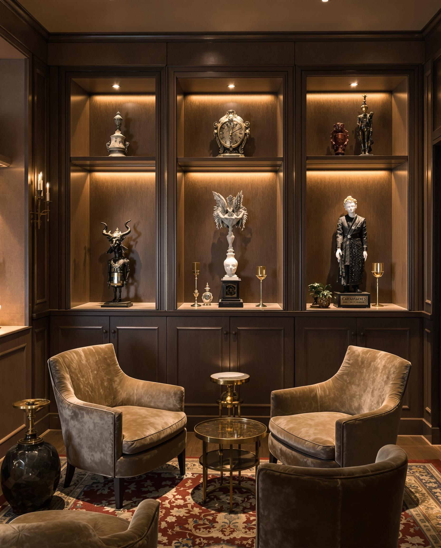 Premier étage du showroom Caravane avec salons, niches murales et objets rares
