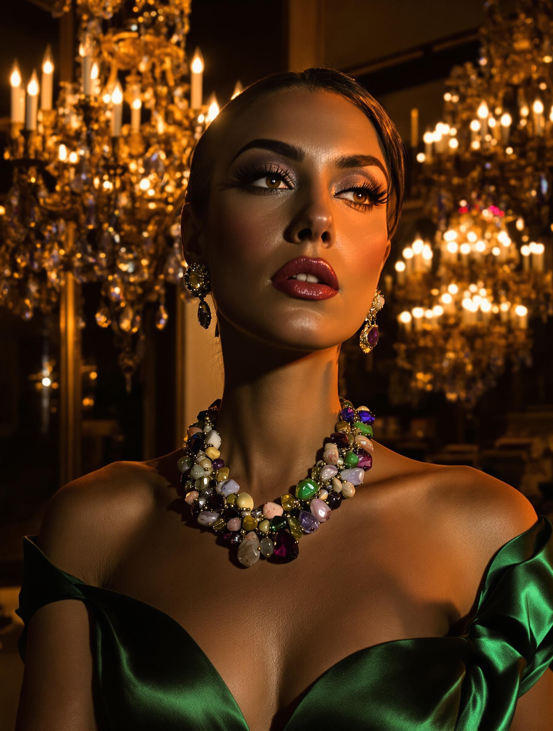 Soirée chic avec une robe émeraude et un collier chunky en pierres semi-précieuses, dans une ambiance baroque.