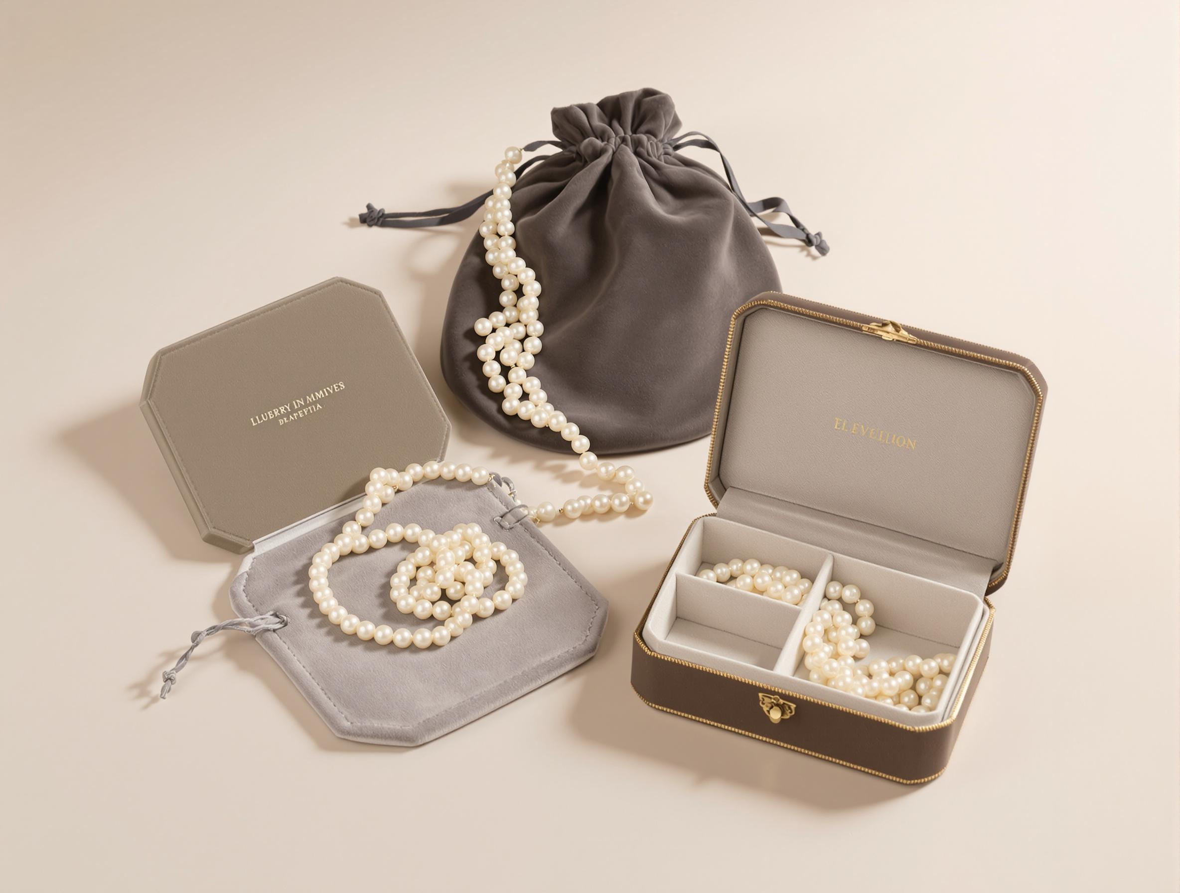 Solutions élégantes pour le rangement des perles : écrin, pochette et boîte compartimentée.