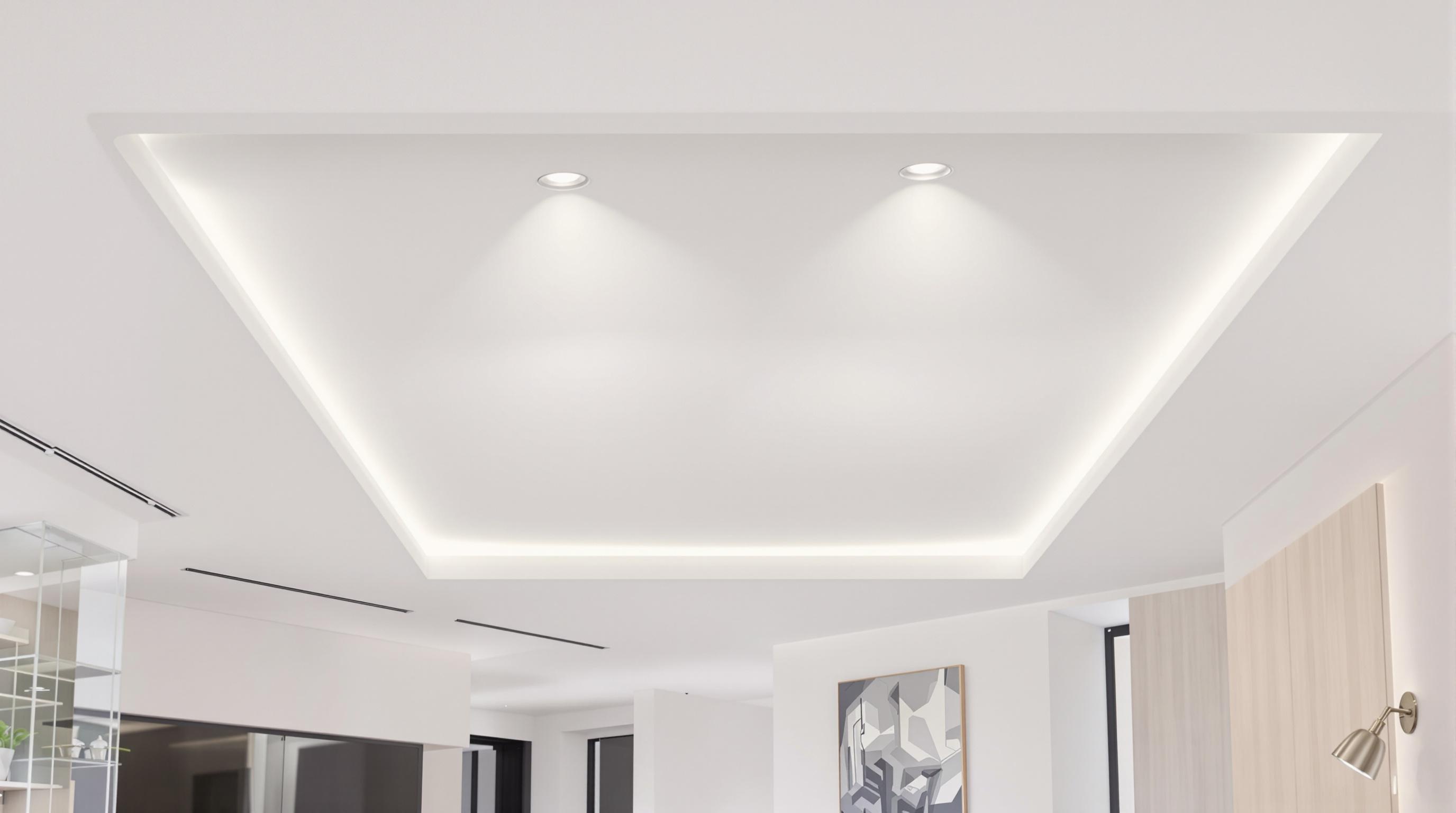 Spots encastrables ultra-plats dans un plafond blanc d’un salon moderne