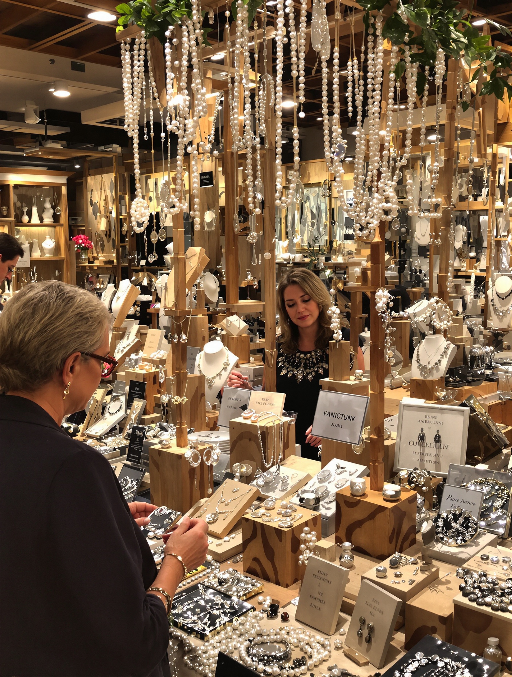 Stand artisanal de bijoux faits main pour femme mature, présentation en bois